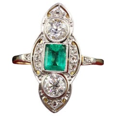 Antiguo Edwardian 18K Oro Platino Top Viejo Euro Diamante Esmeralda Cocktail Ring