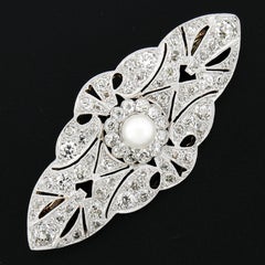 Antique Edwardian 18k & Platinum Pearl 3.6ct Old Cut Diamond Milgrain Pin Brooch