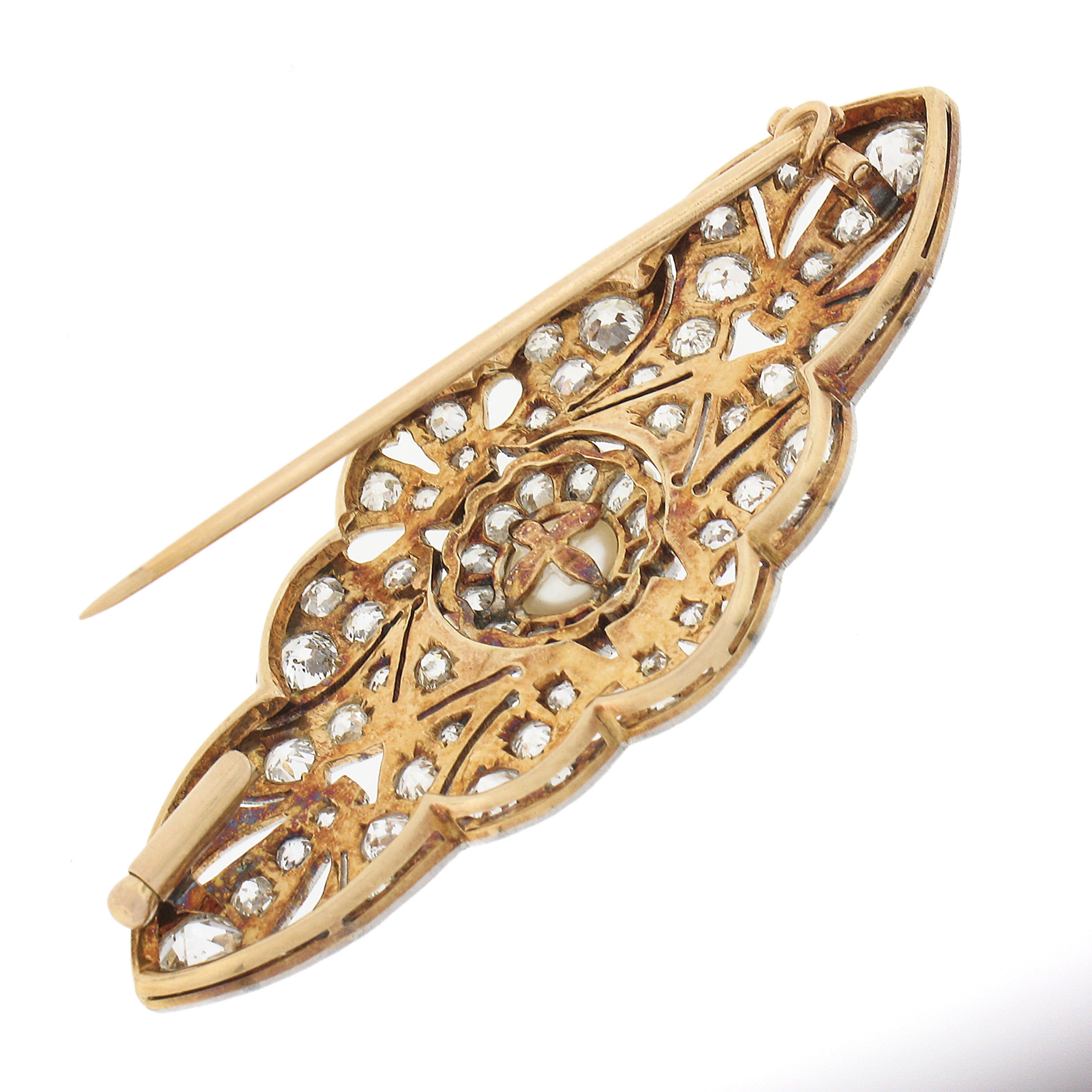 Édouardien Broche édouardienne ancienne en or 18 carats et platine avec perle de 3,6 carats et diamants taille ancienne en vente