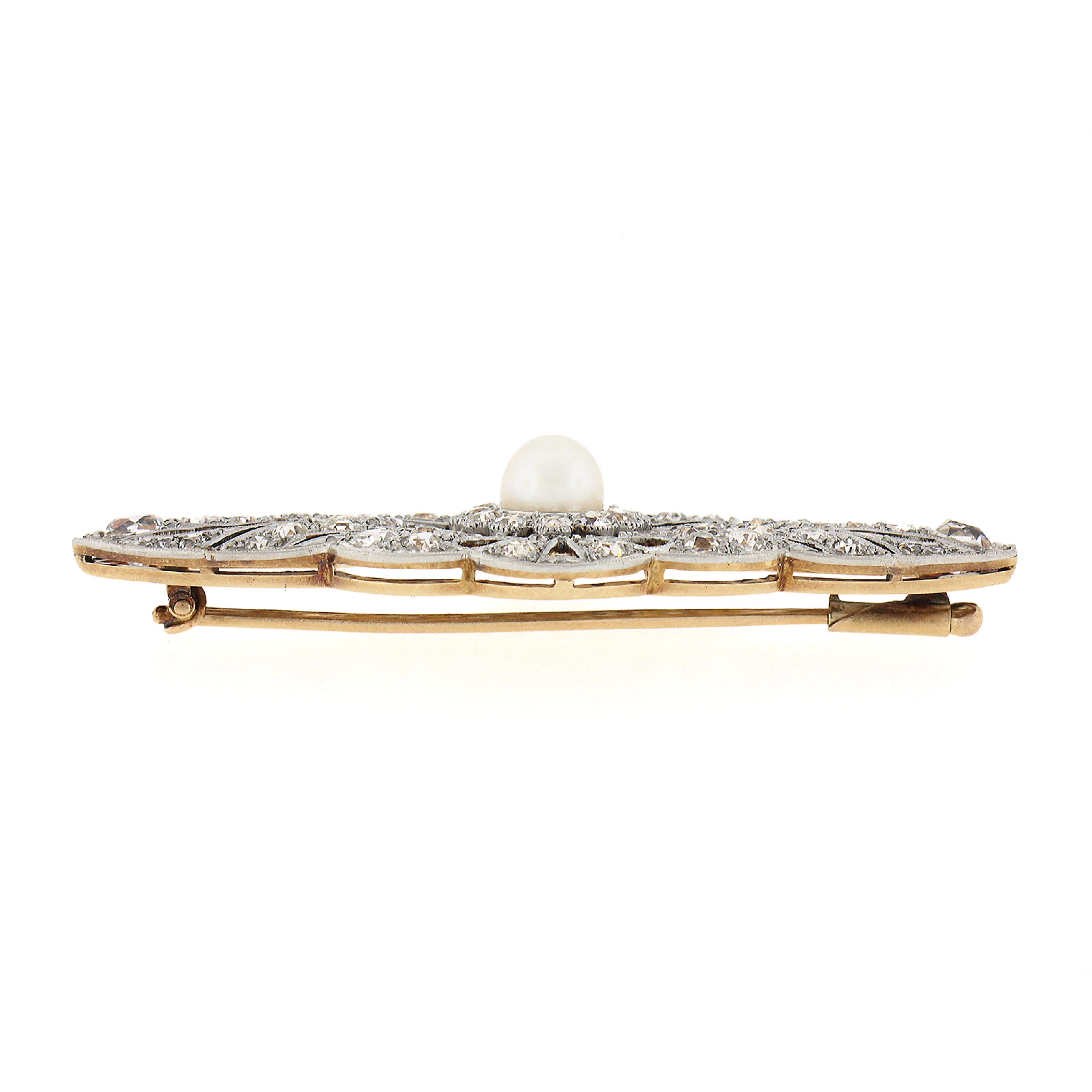 Antique Edwardian 18k & Platinum Pearl 3.6ct Old Cut Diamond Milgrain Pin Brooch For Sale 1