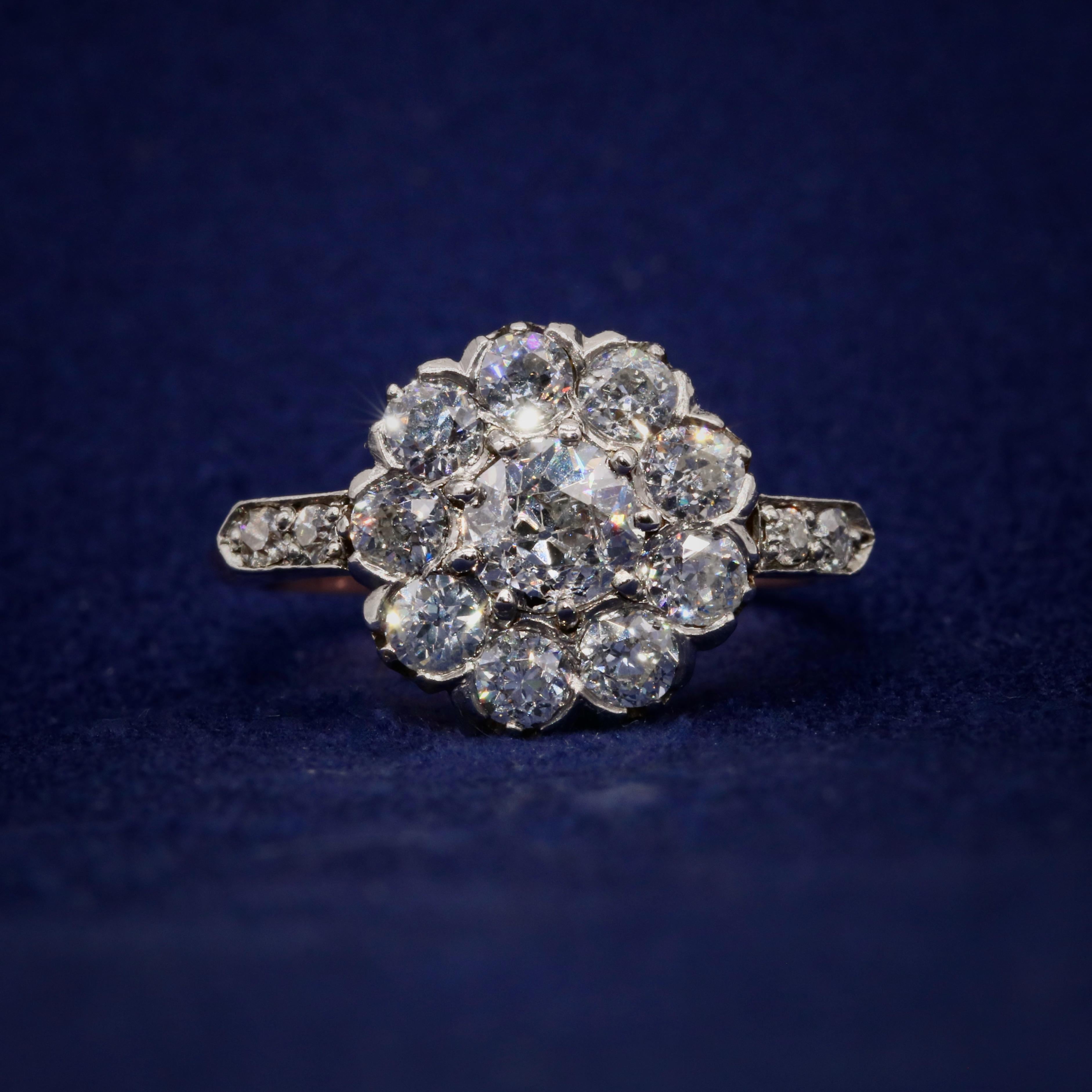 Old European Cut Antique Edwardian 18K Rose Gold and Platinum 1.89ctw Diamond Daisy Cluster Ring For Sale