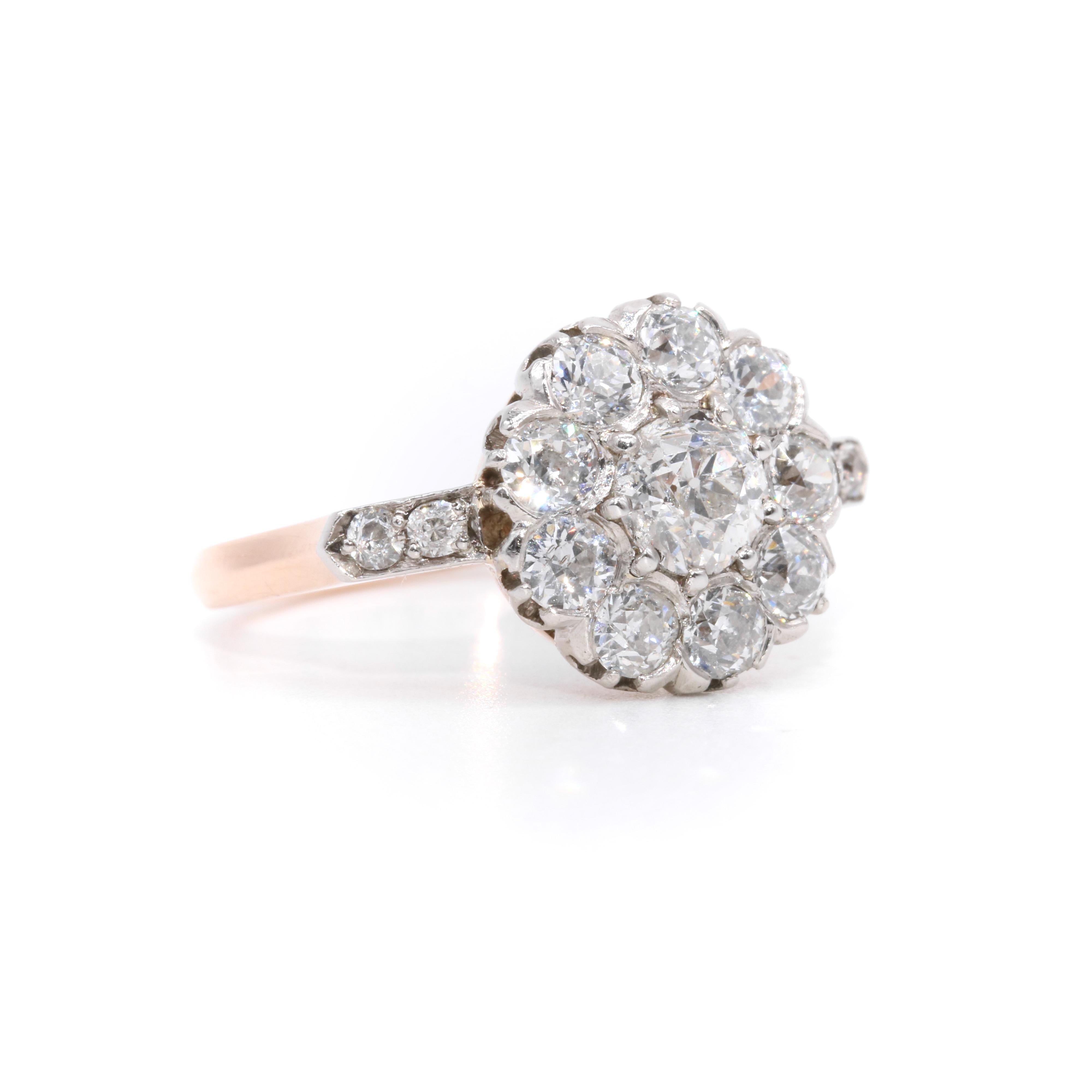 Women's or Men's Antique Edwardian 18K Rose Gold and Platinum 1.89ctw Diamond Daisy Cluster Ring For Sale
