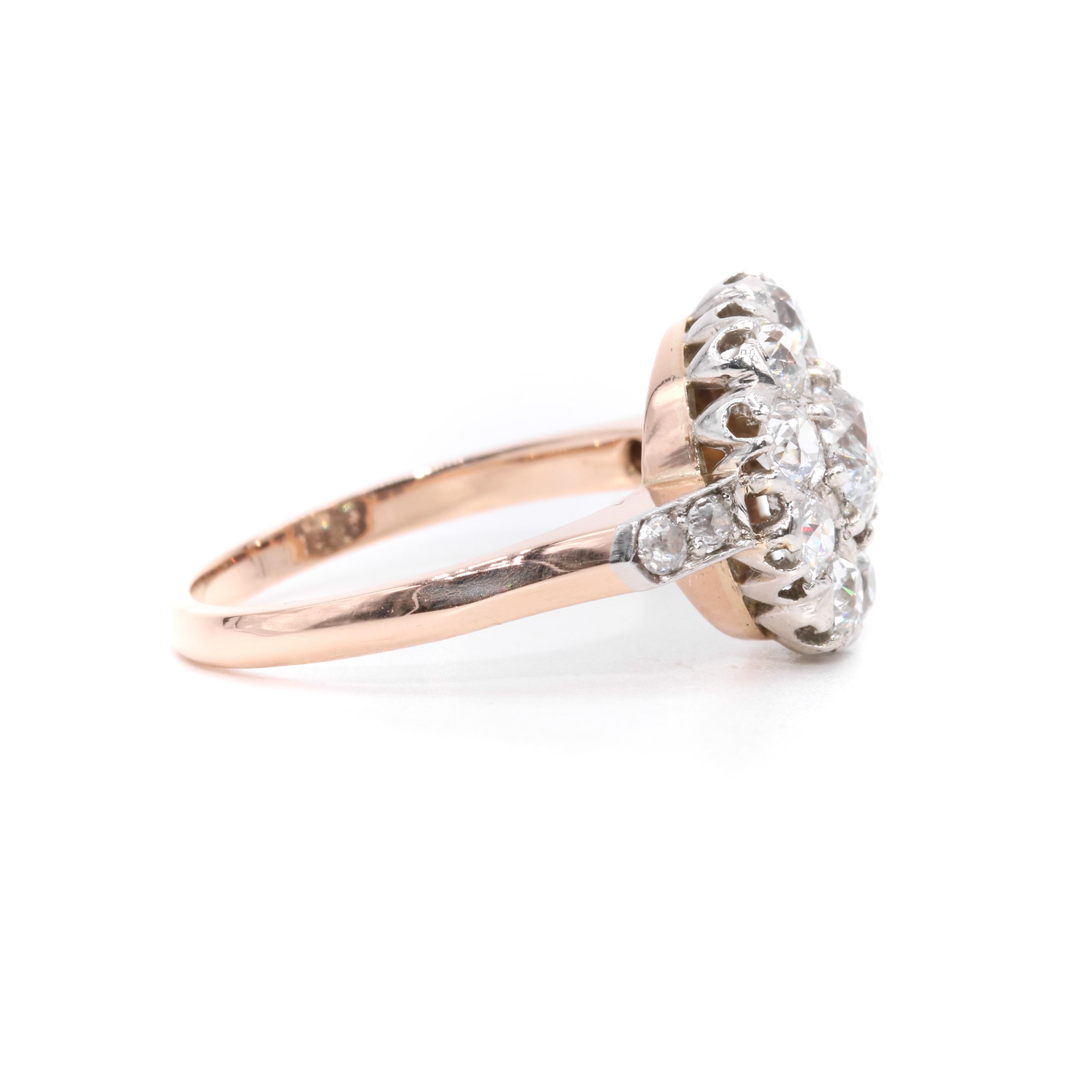 Antique Edwardian 18K Rose Gold and Platinum 1.89ctw Diamond Daisy Cluster Ring For Sale 1
