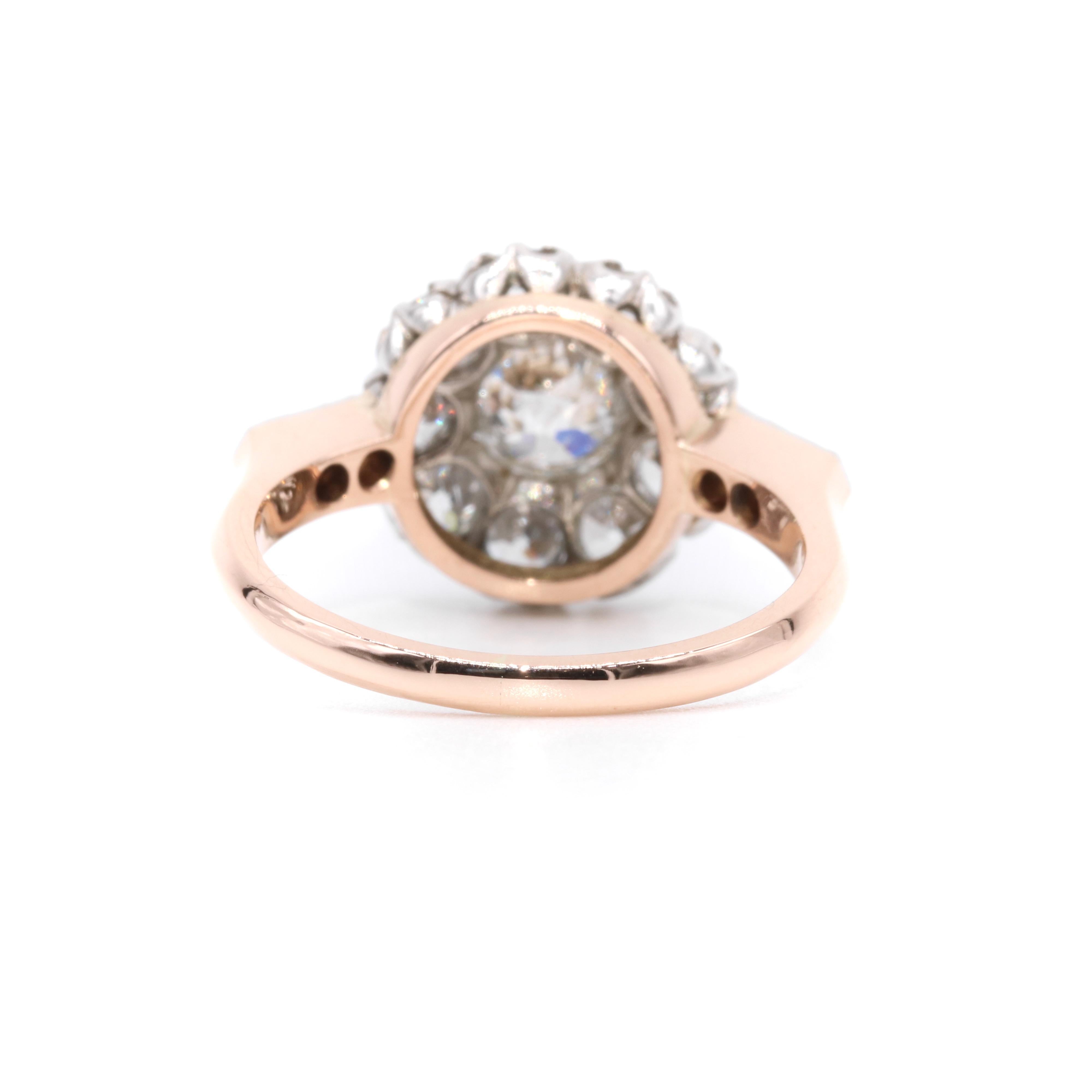 Antique Edwardian 18K Rose Gold and Platinum 1.89ctw Diamond Daisy Cluster Ring For Sale 2