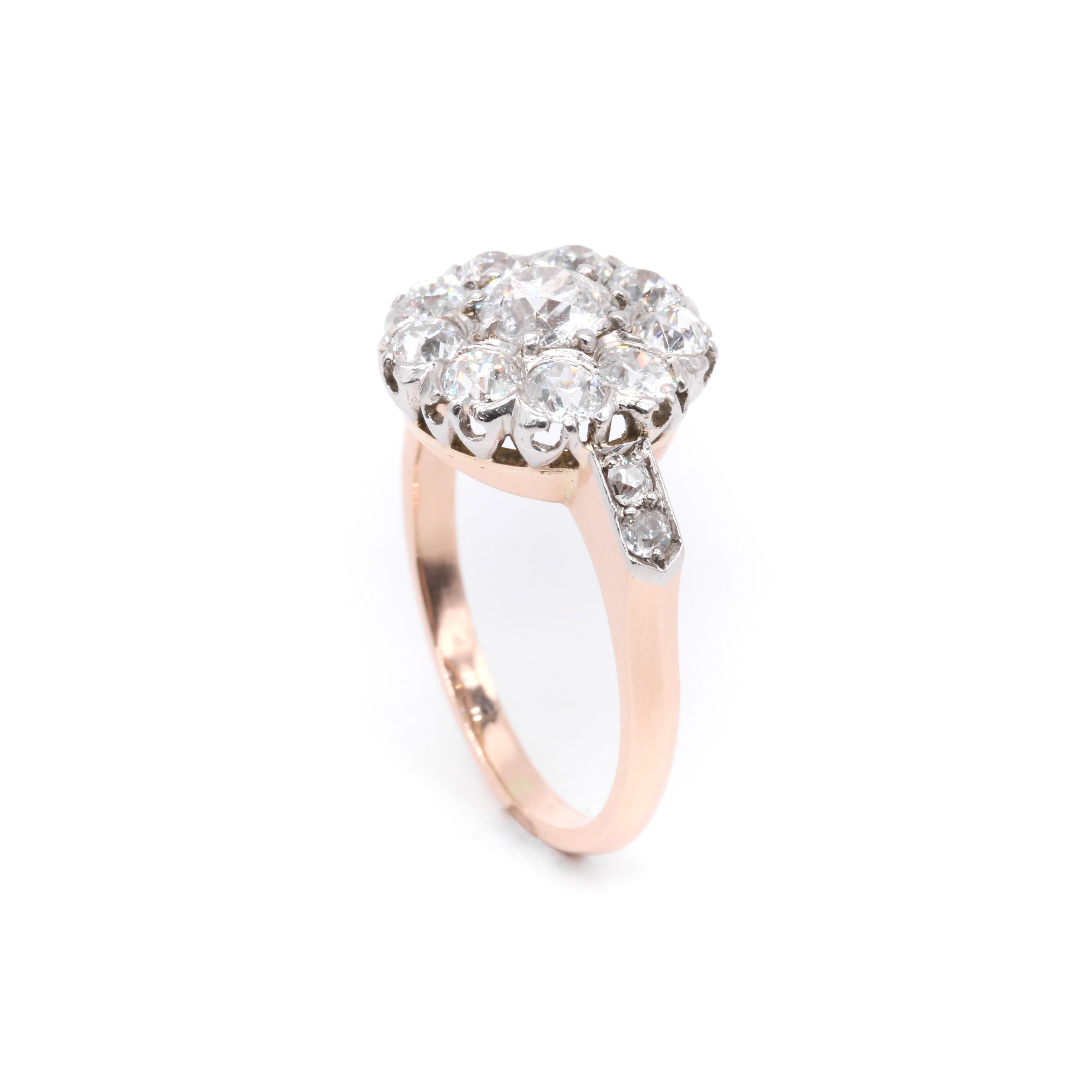 Antique Edwardian 18K Rose Gold and Platinum 1.89ctw Diamond Daisy Cluster Ring For Sale 3