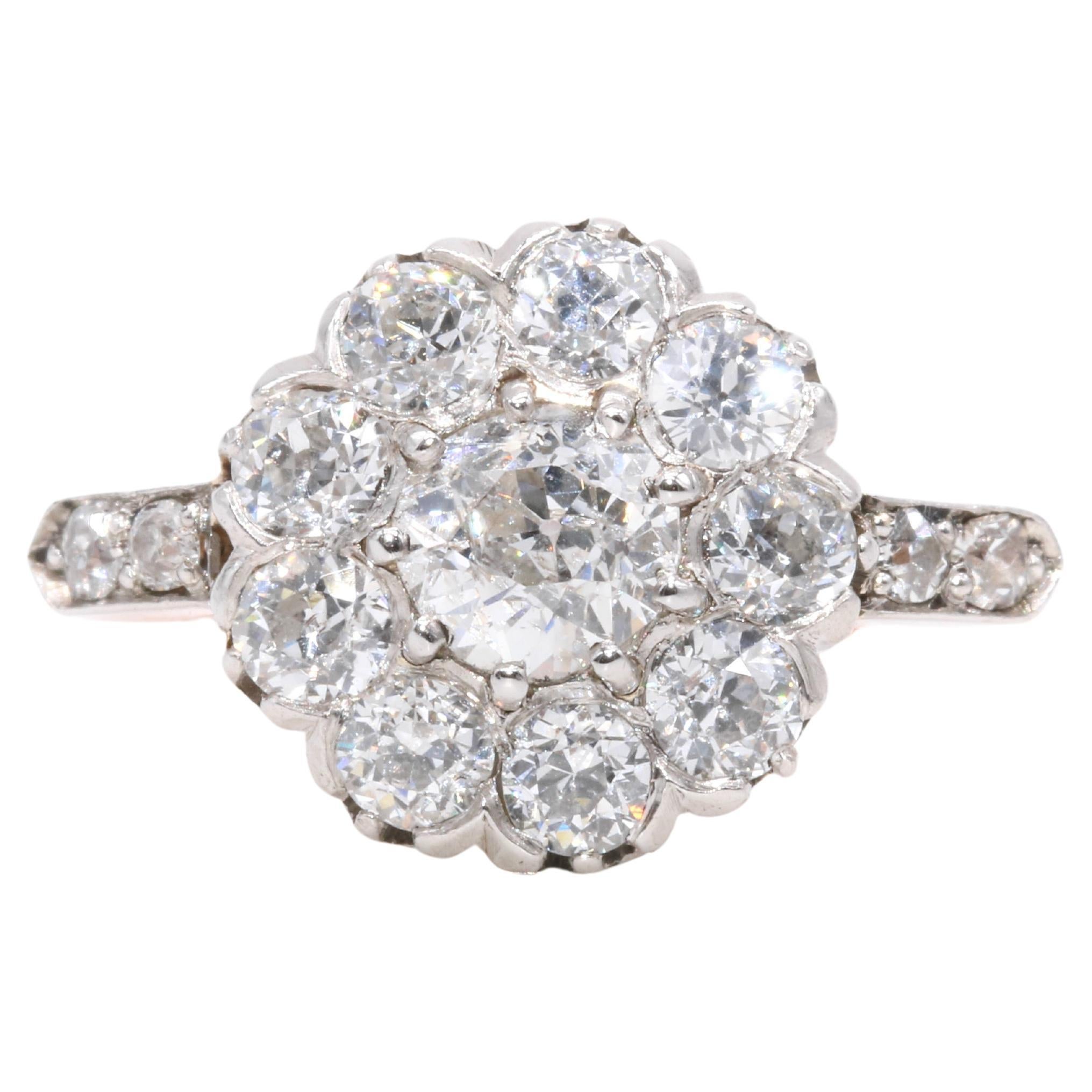 Antique Edwardian 18K Rose Gold and Platinum 1.89ctw Diamond Daisy Cluster Ring For Sale