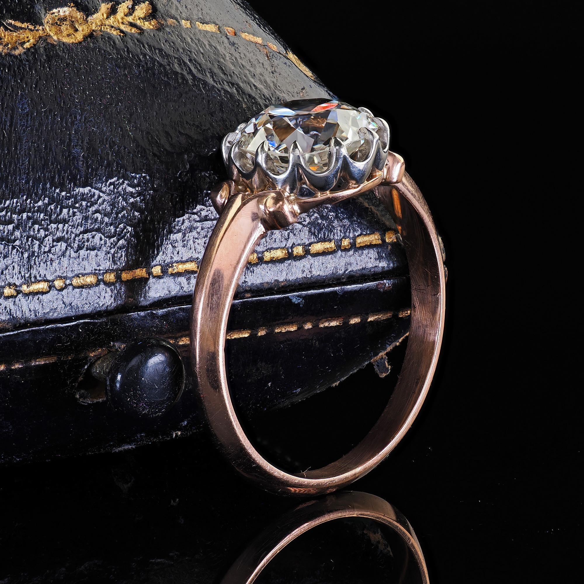 Édouardien Bague de fiançailles édouardienne ancienne en or rose 18 carats, platine et diamant vieille mine - GIA en vente