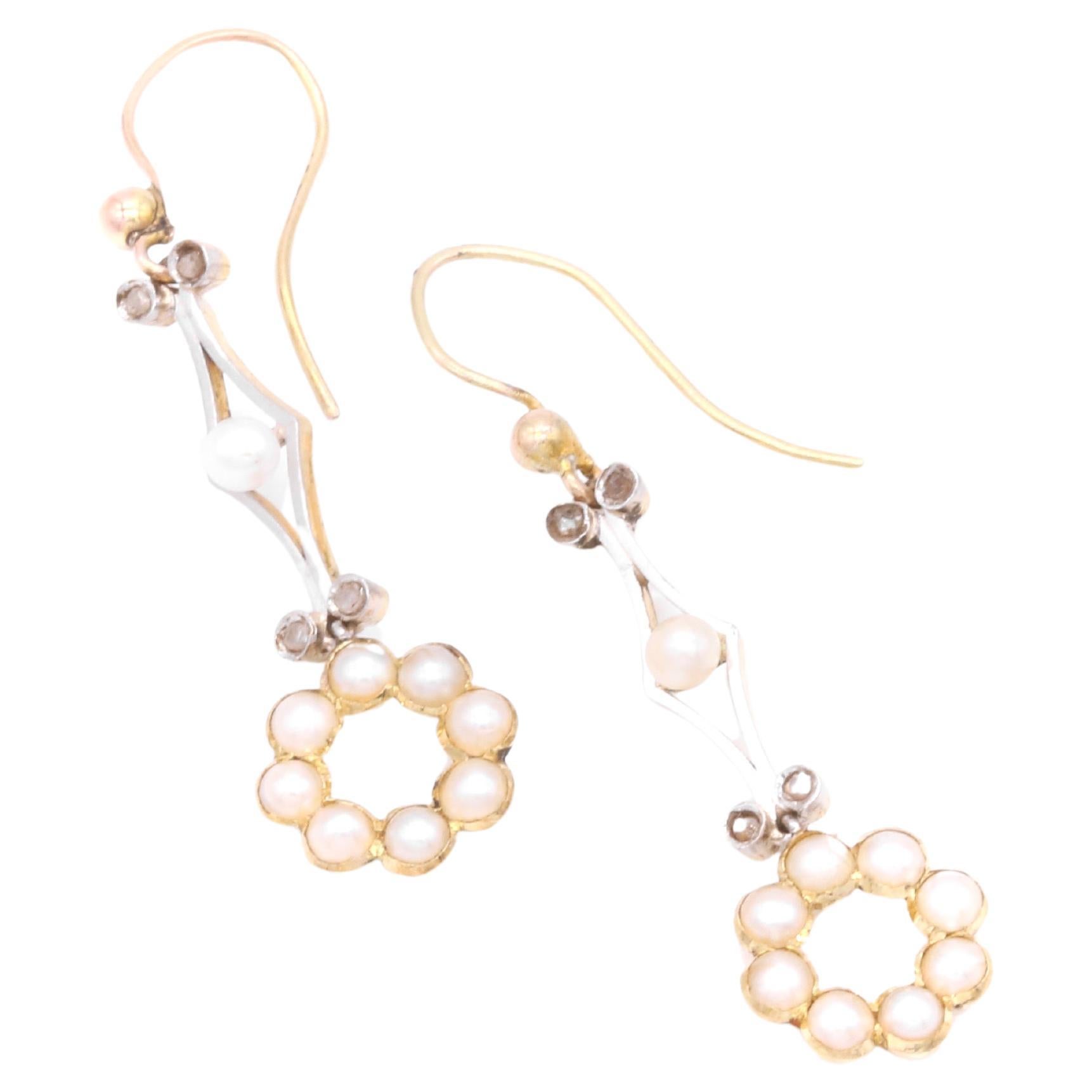 Antique Edwardian 18K White and Yellow Gold Pearl and Diamond Drop Earrings