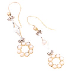 Antique Edwardian 18K White and Yellow Gold Pearl and Diamond Drop Earrings