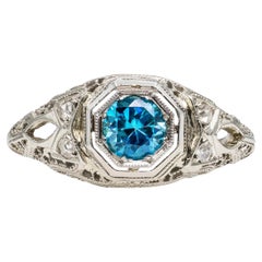 Antique Edwardian 18k White Gold Blue Zircon & Diamond Openwork Ring