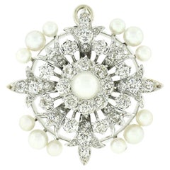 Antique Edwardian 18K White Gold Diamond Pearl Snowflake Cluster Brooch Pendant