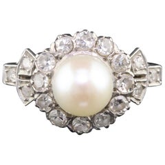 Antique Edwardian 18 Karat White Gold, Platinum, Pearl and Diamond Ring