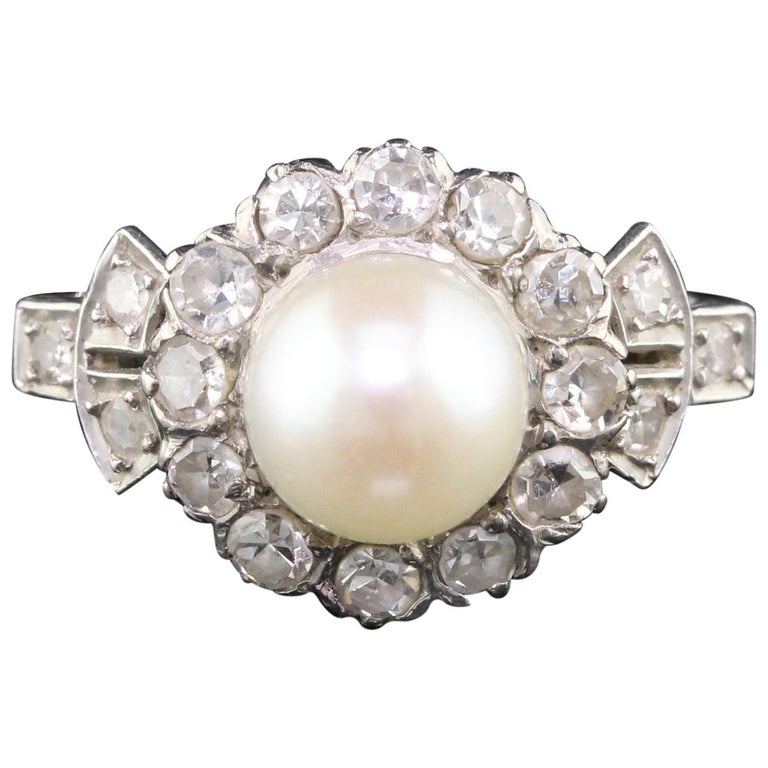 Antique Edwardian 18 Karat White Gold, Platinum, Pearl and Diamond Ring For Sale