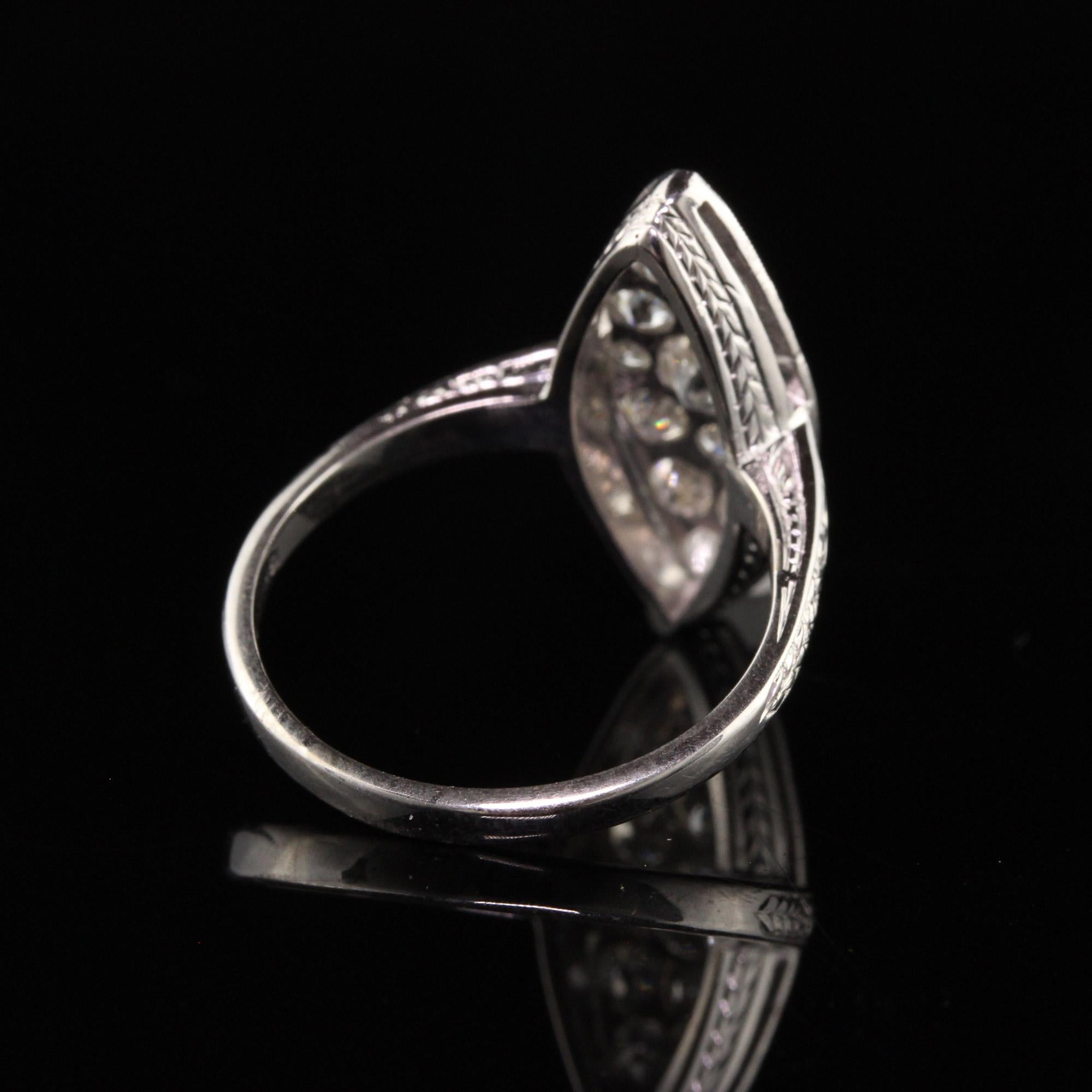 Antique Edwardian 18K White Gold Platinum Top Old Euro Diamond Navette Ring In Good Condition In Great Neck, NY
