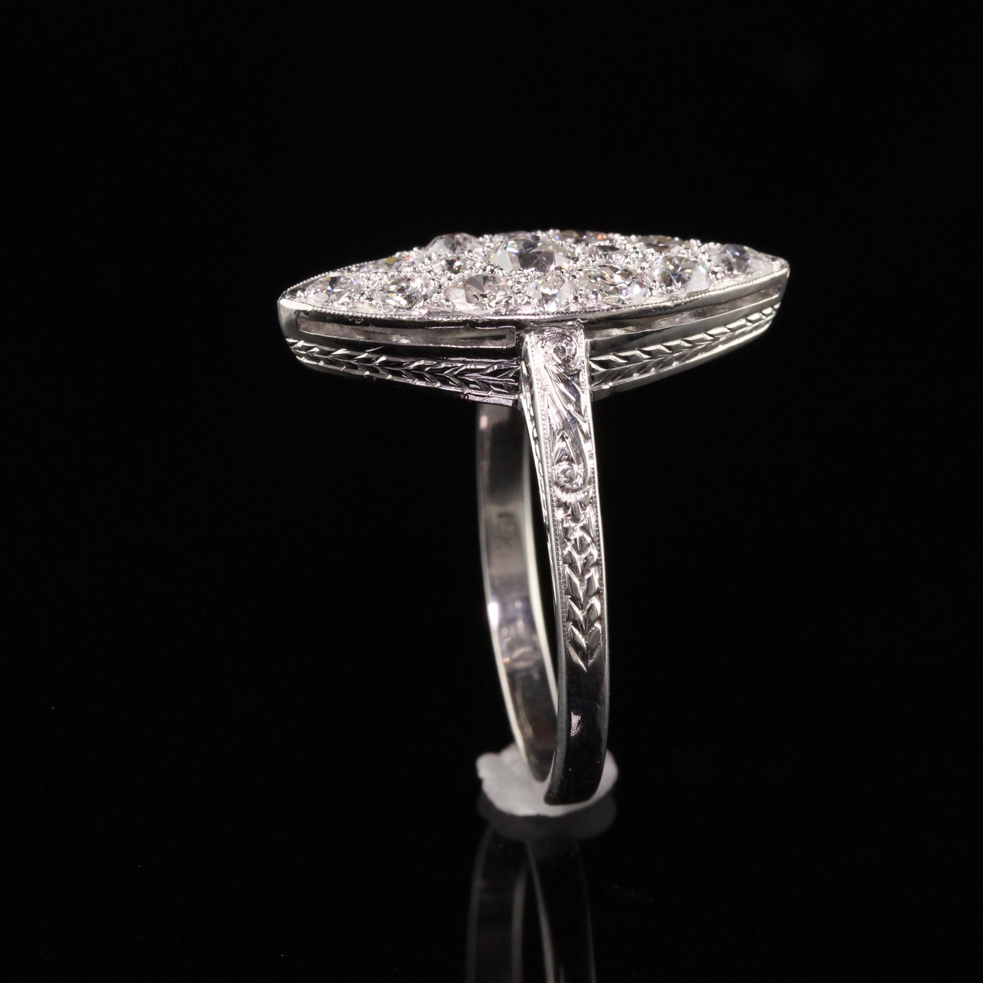 Women's Antique Edwardian 18K White Gold Platinum Top Old Euro Diamond Navette Ring