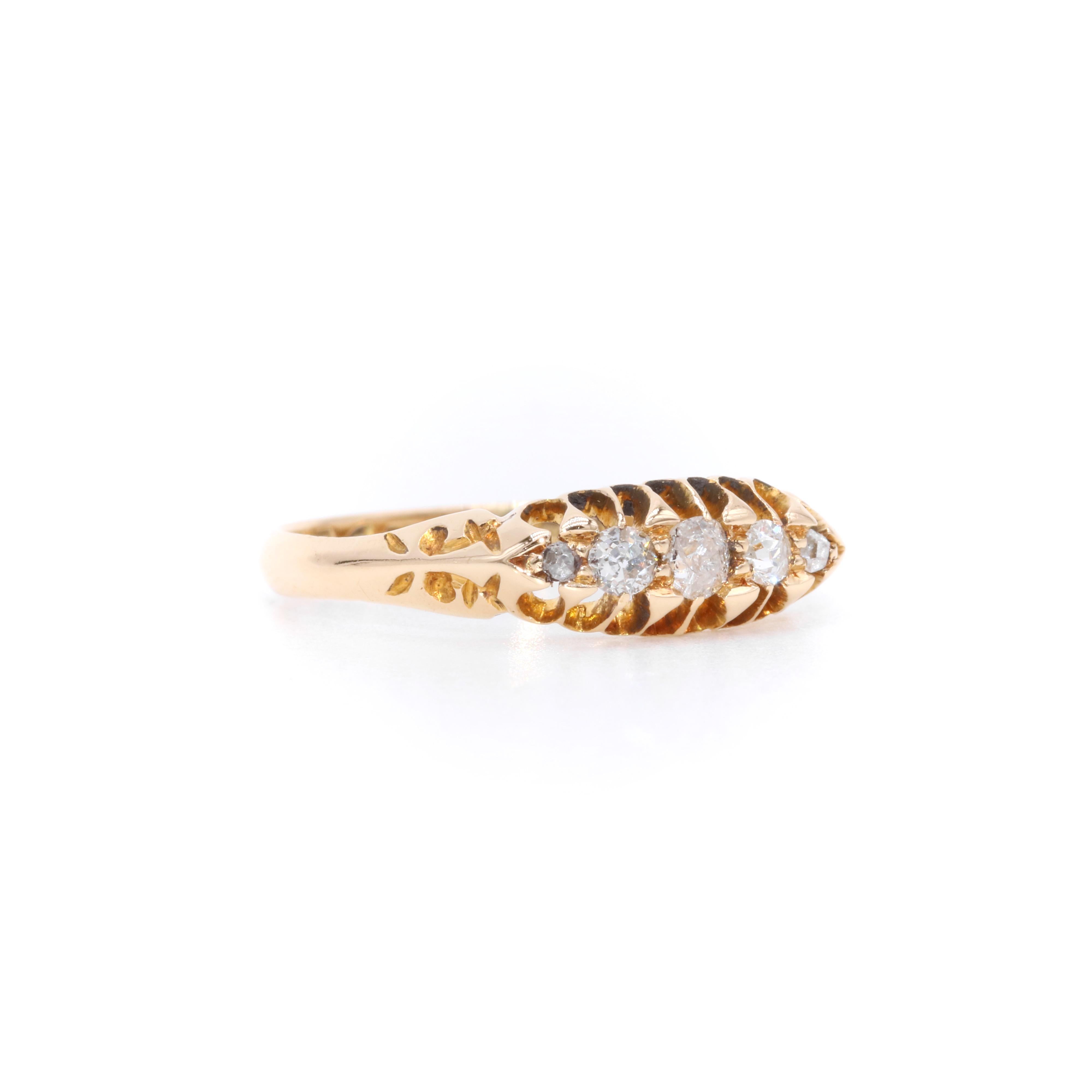 Women's or Men's Antique Edwardian 18K Yellow Gold 0.17ct Old Mine Cut Diamond 5 Stone Ring For Sale