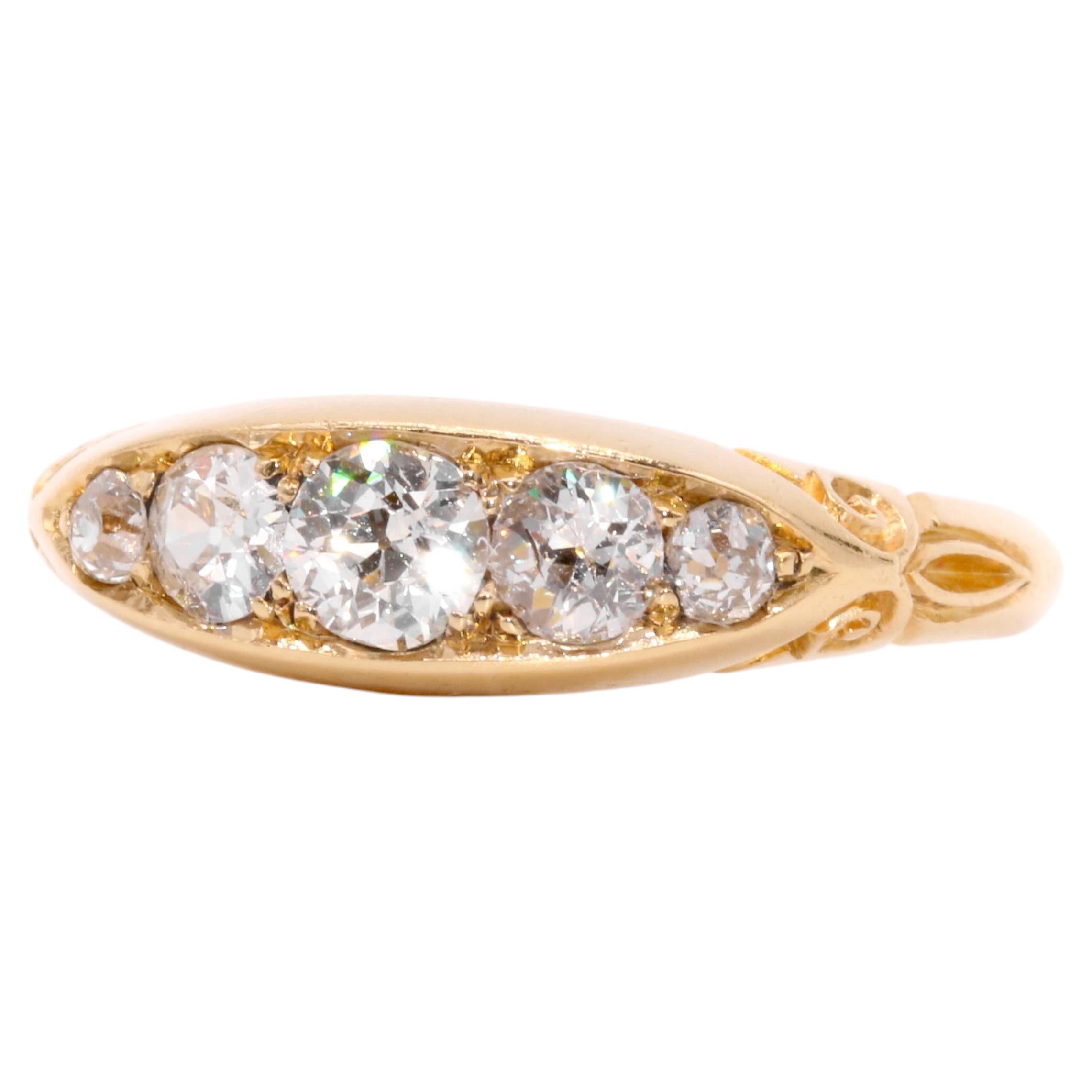 Antique Edwardian 18K Yellow Gold 0.64ctw 5 Stone Old European Cut Diamond Ring