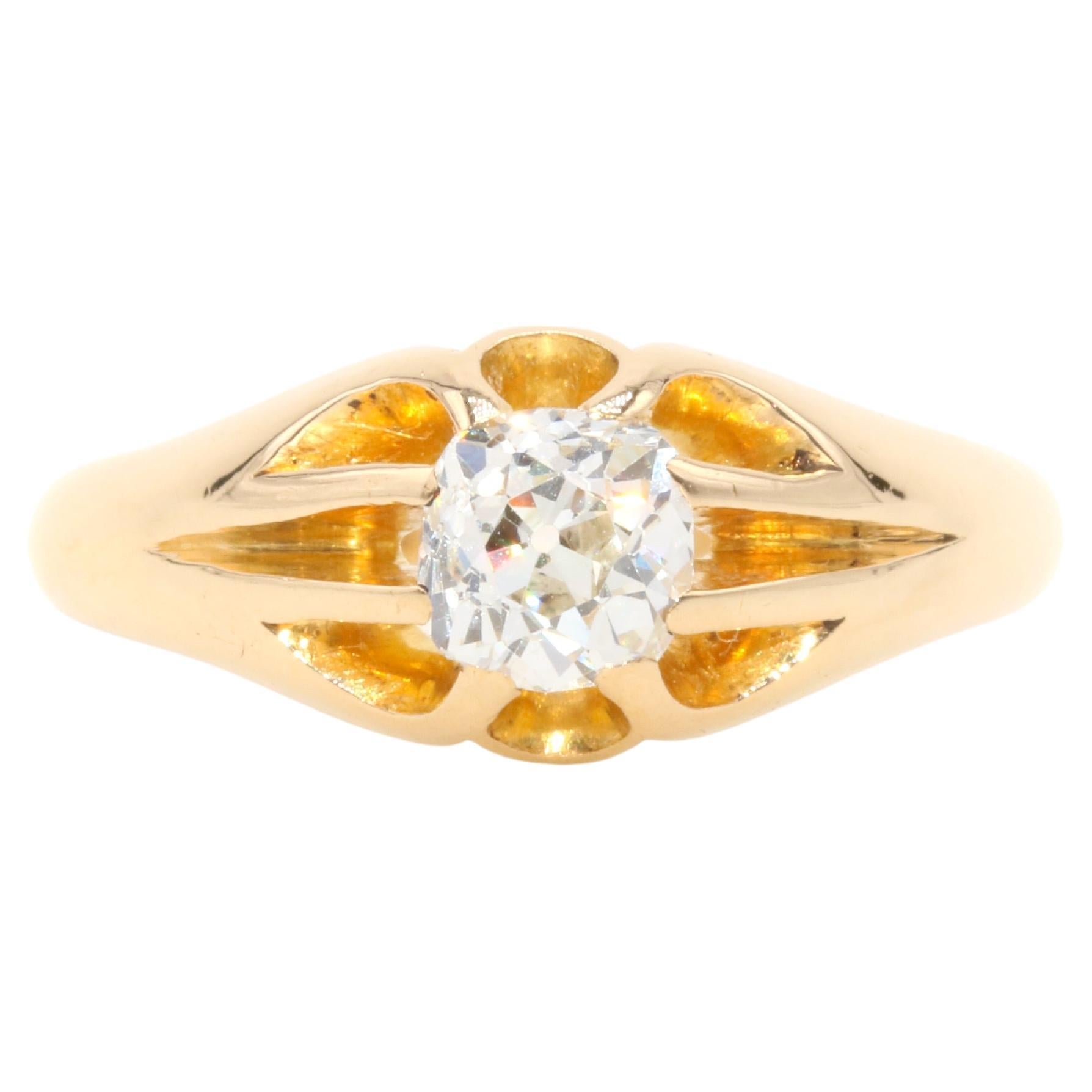 Antique Edwardian 18K Yellow Gold 0.75ct Old Mine Cut Diamond Belcher Ring For Sale