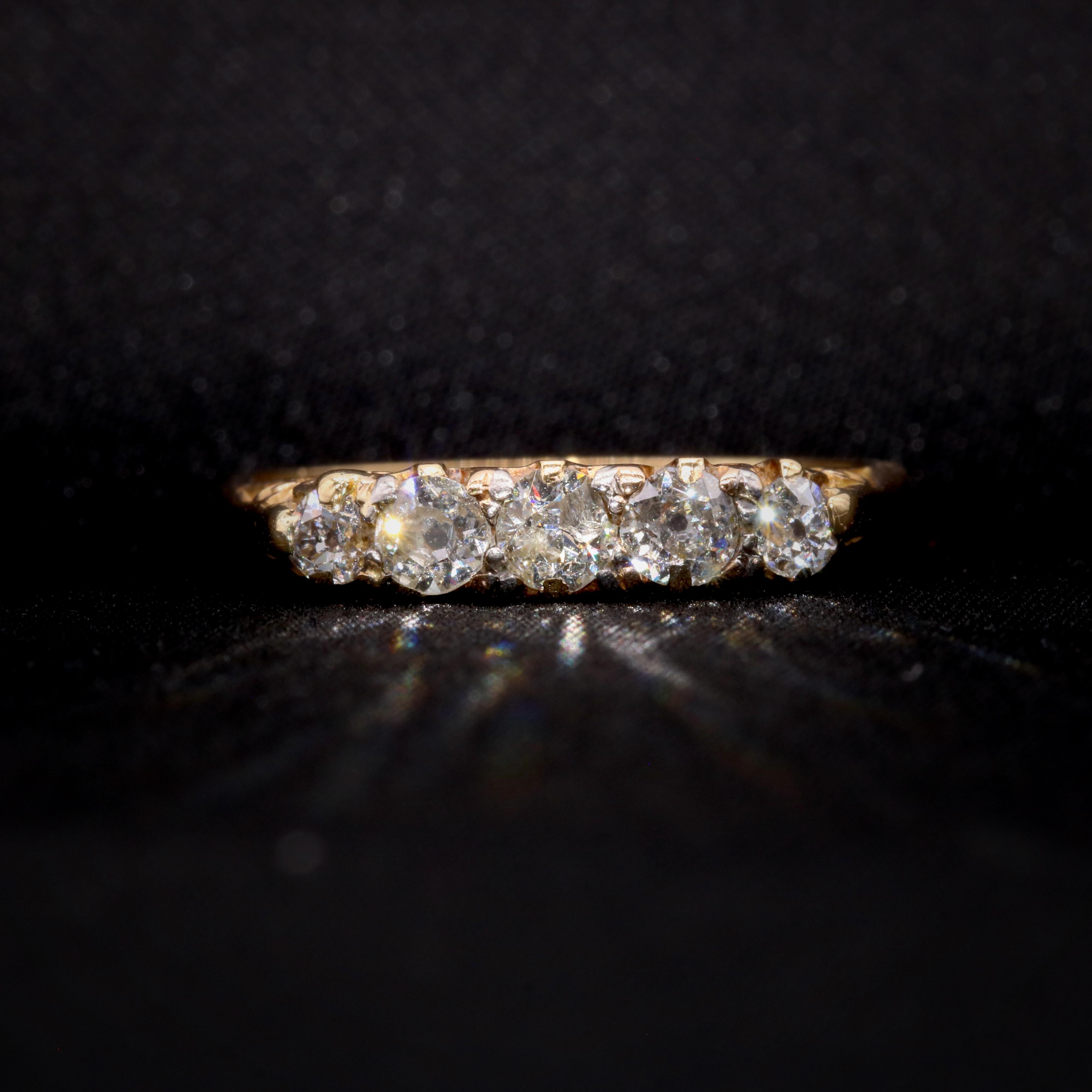 An Edwardian diamond, and yellow gold ring, comprising five, graduating old European cut diamonds, in 18 karat yellow gold. 

My favourite thing about this Edwardian 18K Yellow Gold 5 Stone Diamond Ring, is the sparkling diamonds. What’s yours?