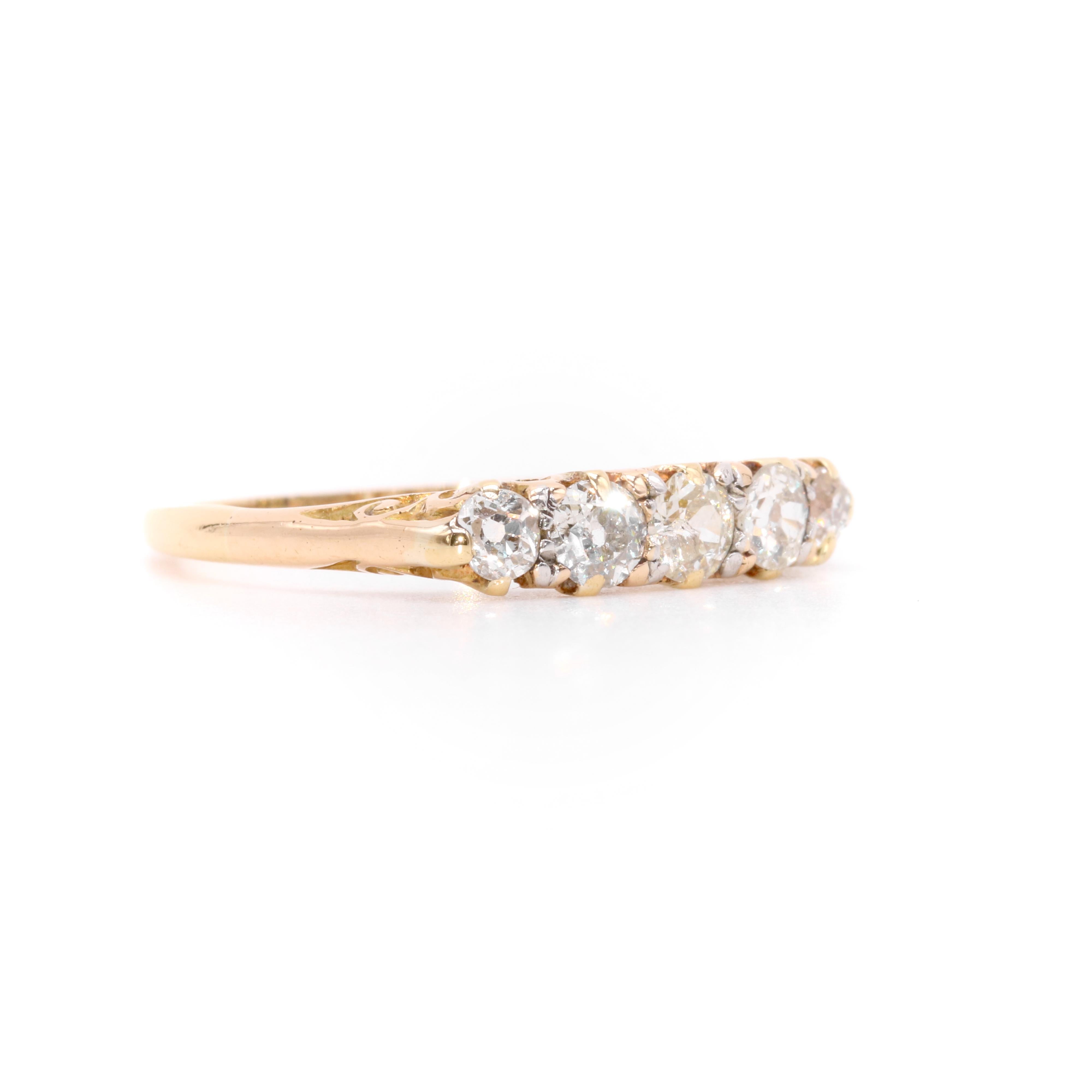 Women's or Men's Antique Edwardian 18K Yellow Gold 0.75ctw 5 Stone Old European Cut Diamond Ring