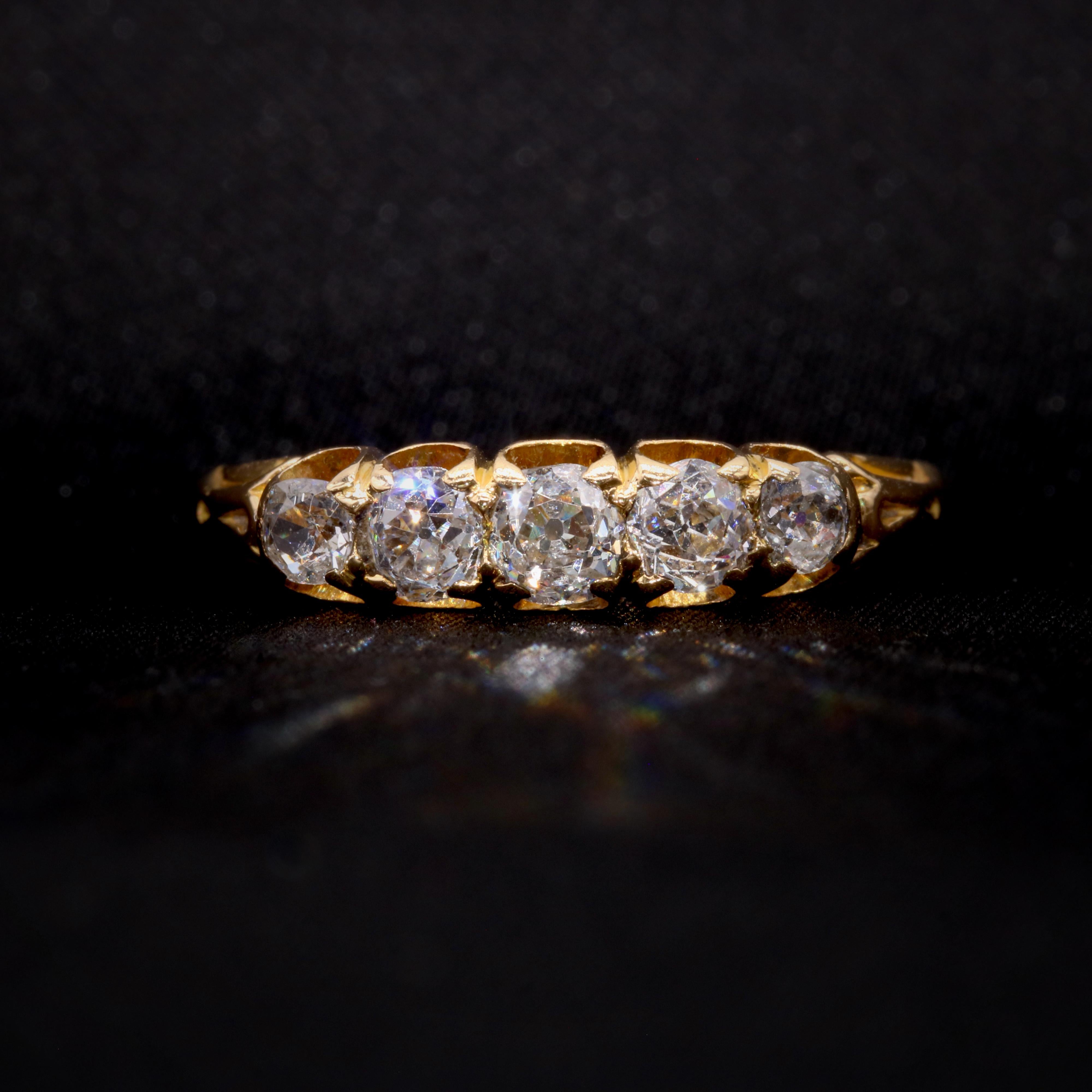 An Edwardian diamond, and yellow gold ring, comprising five, graduating old European cut diamonds, in 18 karat yellow gold. 

My favourite thing about this Edwardian 18K Yellow Gold 5 Stone Diamond Ring, is the sparkling diamonds. What’s yours?