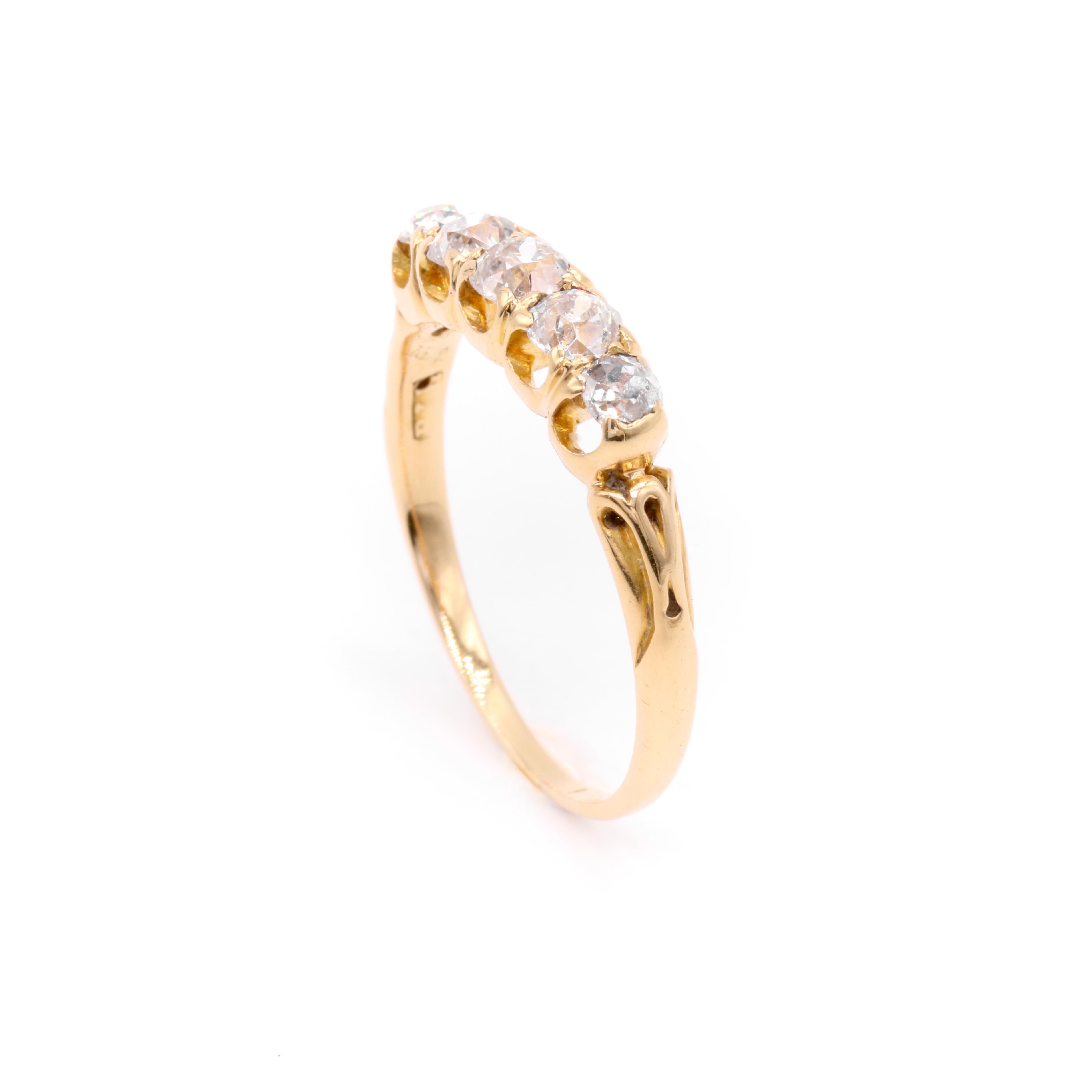 Antique Edwardian 18K Yellow Gold 0.91ctw Old European Cut Diamond 5 Stone Ring For Sale 2