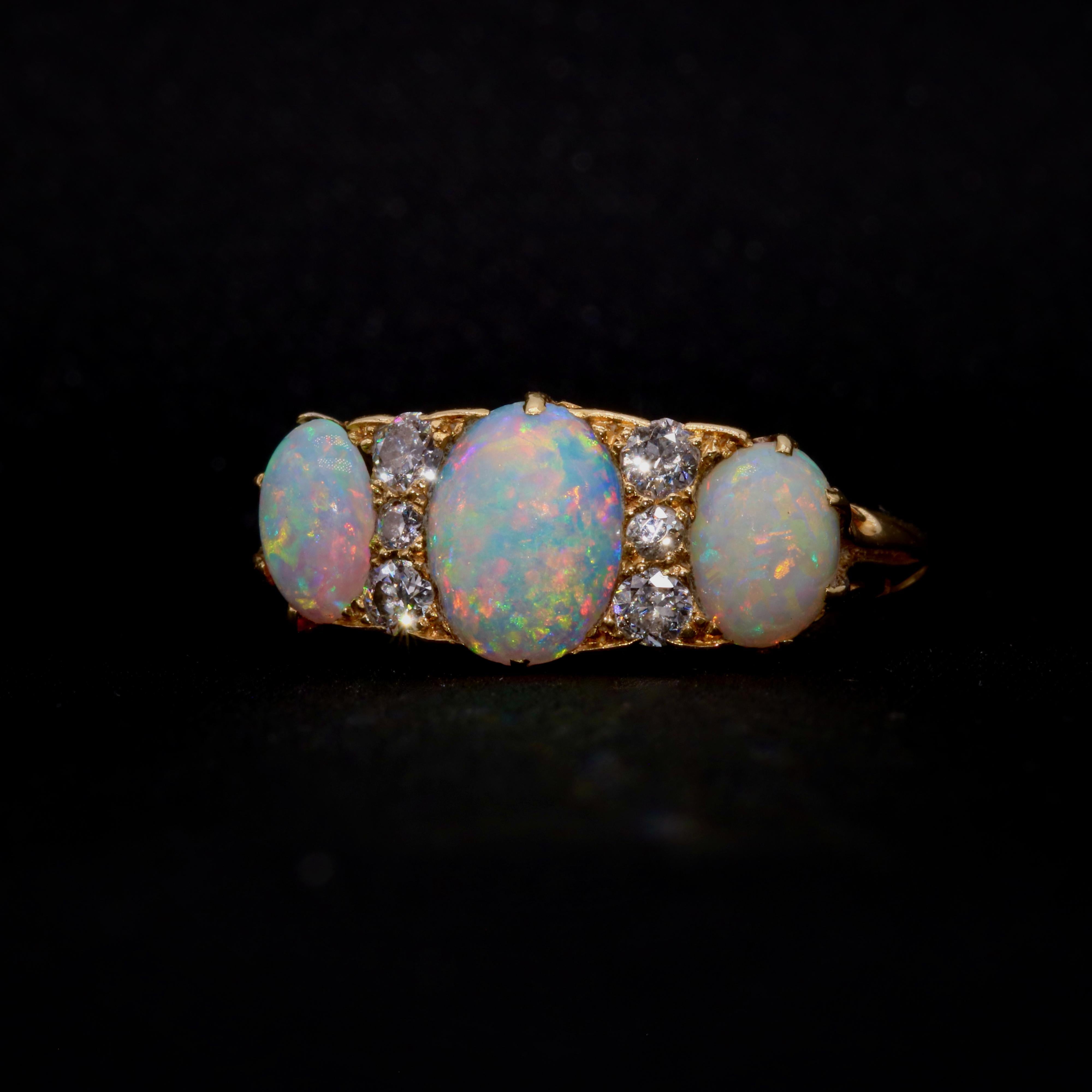 Cabochon Antique Edwardian 18K Yellow Gold 1.56ctw Opal and Diamond 9 Stone Ring For Sale