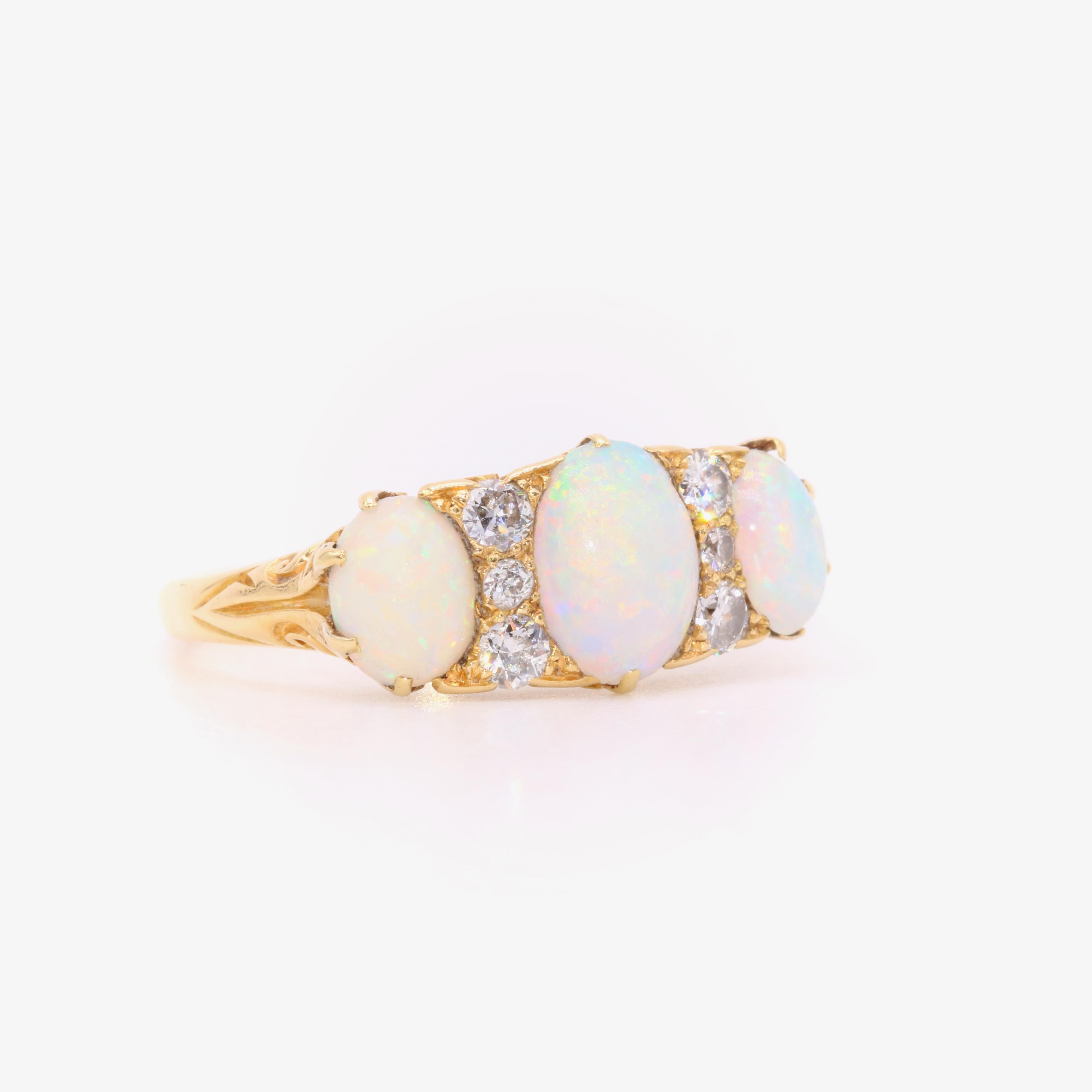 Women's or Men's Antique Edwardian 18K Yellow Gold 1.56ctw Opal and Diamond 9 Stone Ring For Sale
