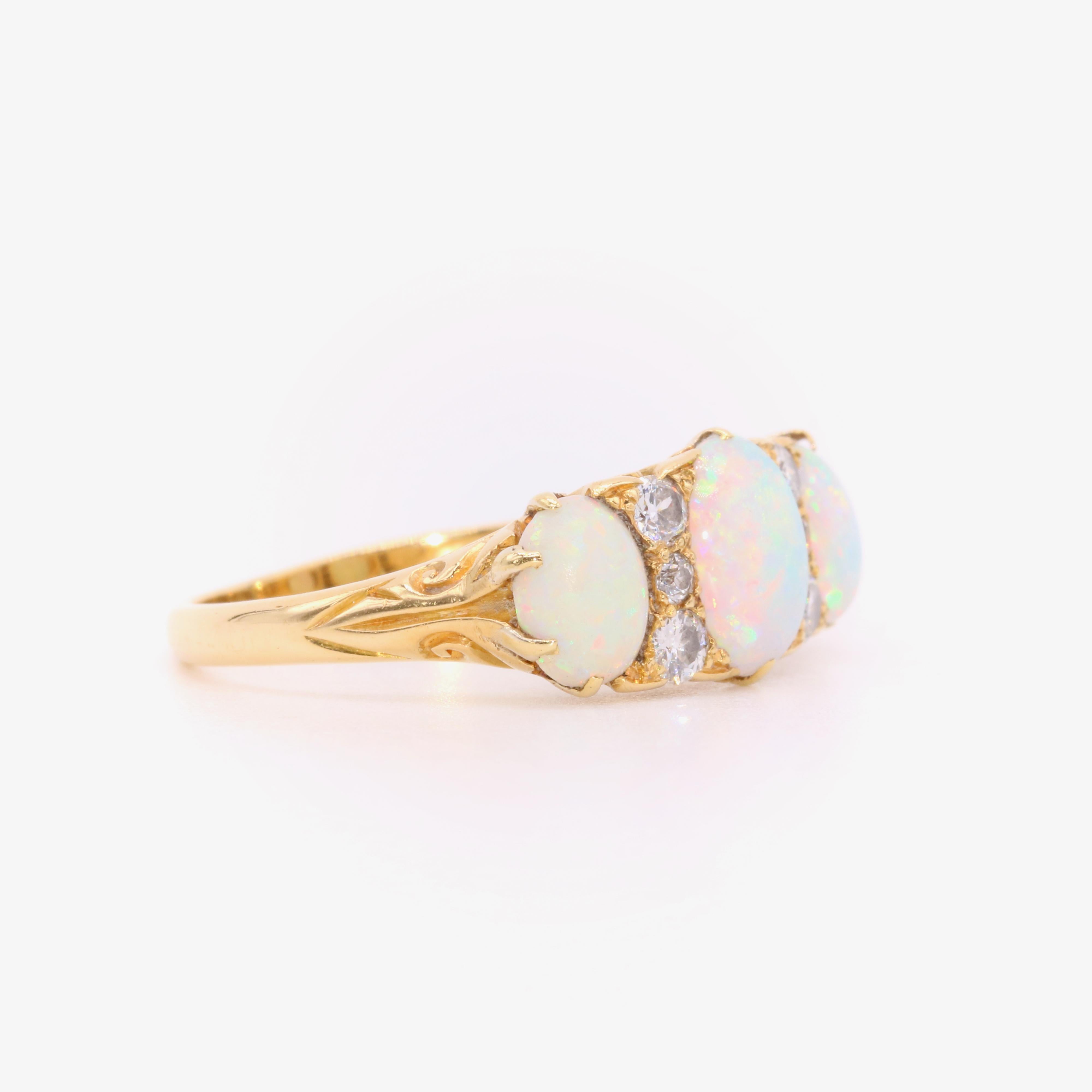 Antique Edwardian 18K Yellow Gold 1.56ctw Opal and Diamond 9 Stone Ring For Sale 1