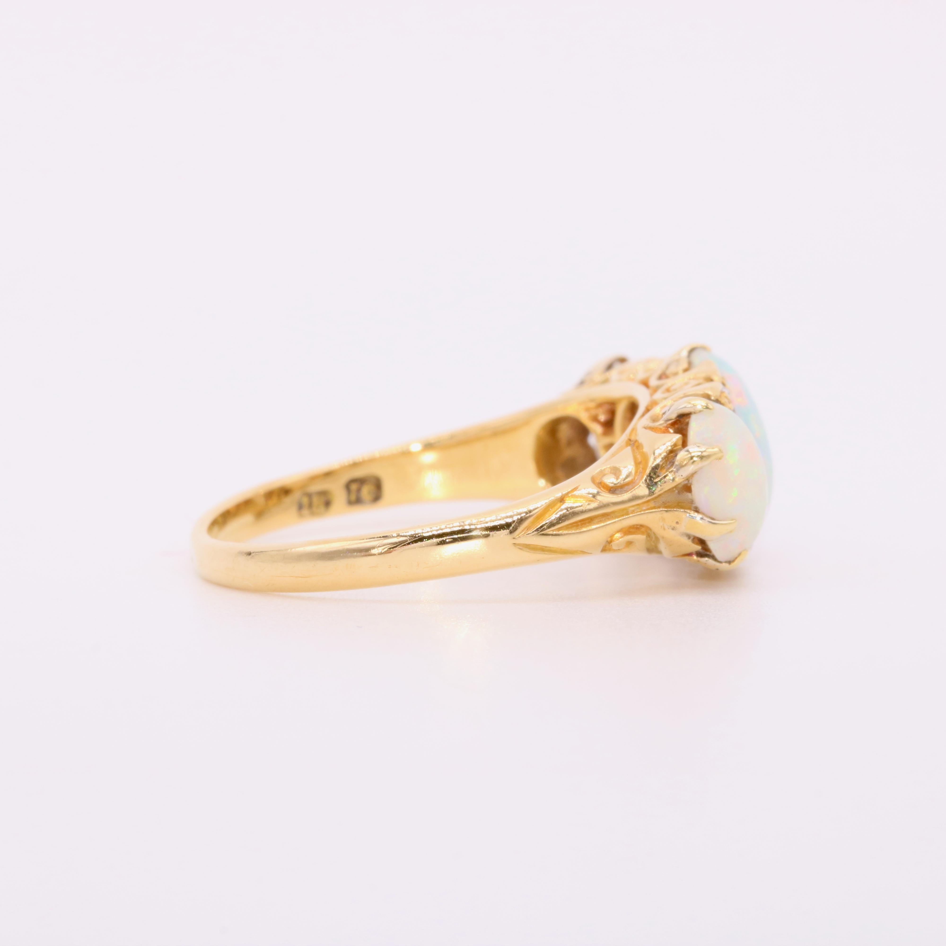 Antique Edwardian 18K Yellow Gold 1.56ctw Opal and Diamond 9 Stone Ring For Sale 2