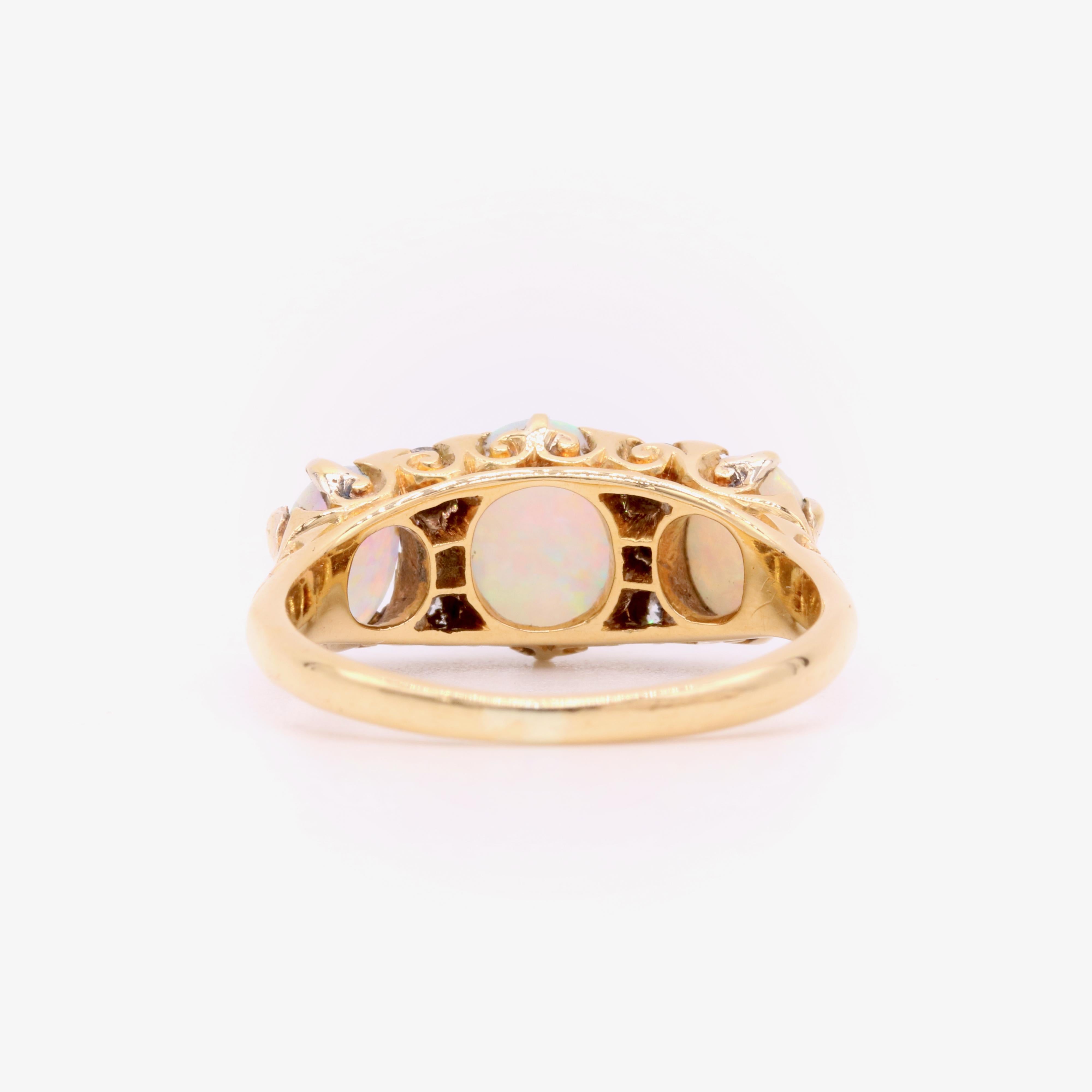 Antique Edwardian 18K Yellow Gold 1.56ctw Opal and Diamond 9 Stone Ring For Sale 3