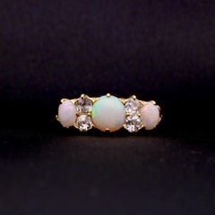 Antique Edwardian 18K Yellow Gold 1.91tgw Opal and Old Cut Diamond 7 Stone Ring