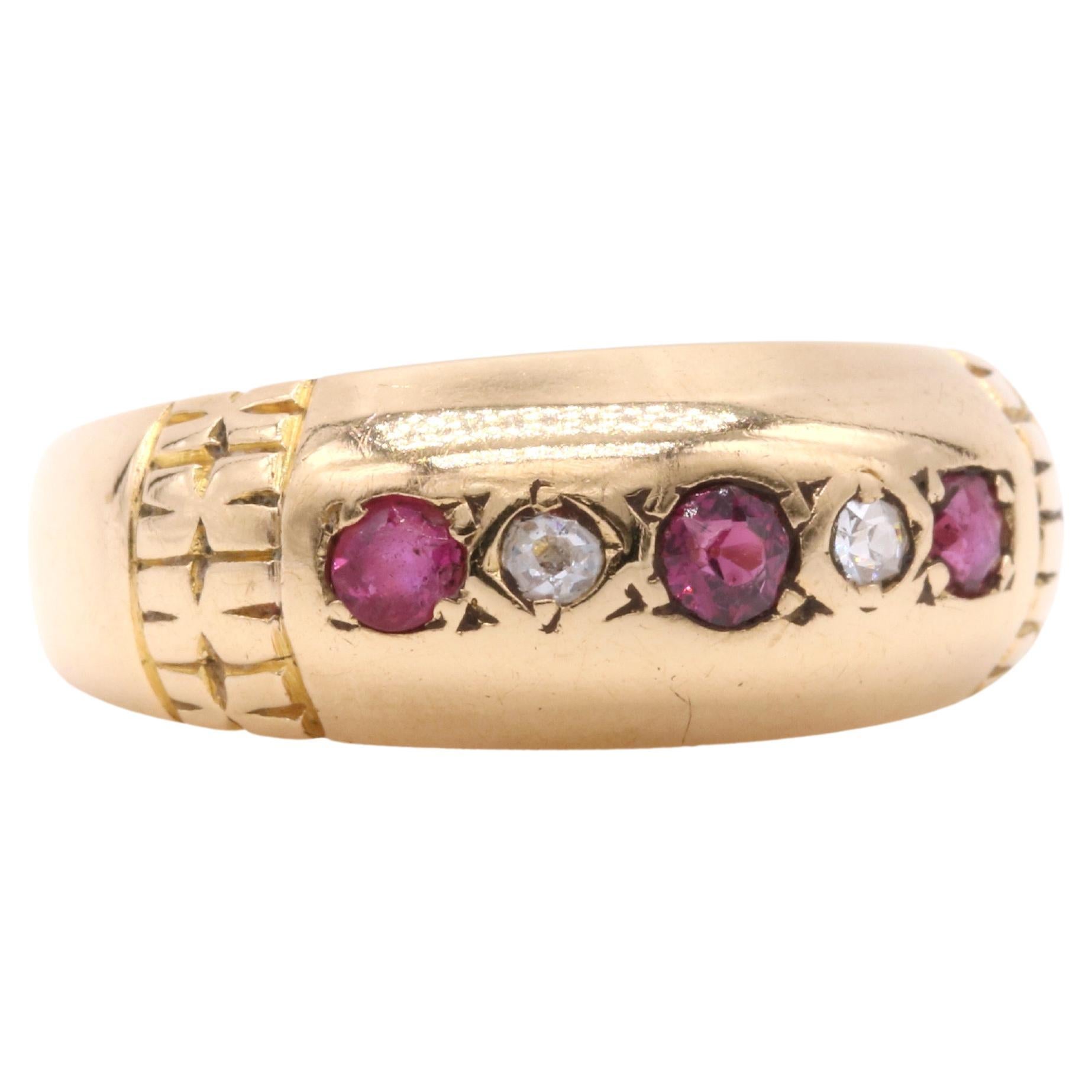 Antique Edwardian 18K Yellow Gold 5 Stone Amethyst, Ruby and Diamond Band Ring