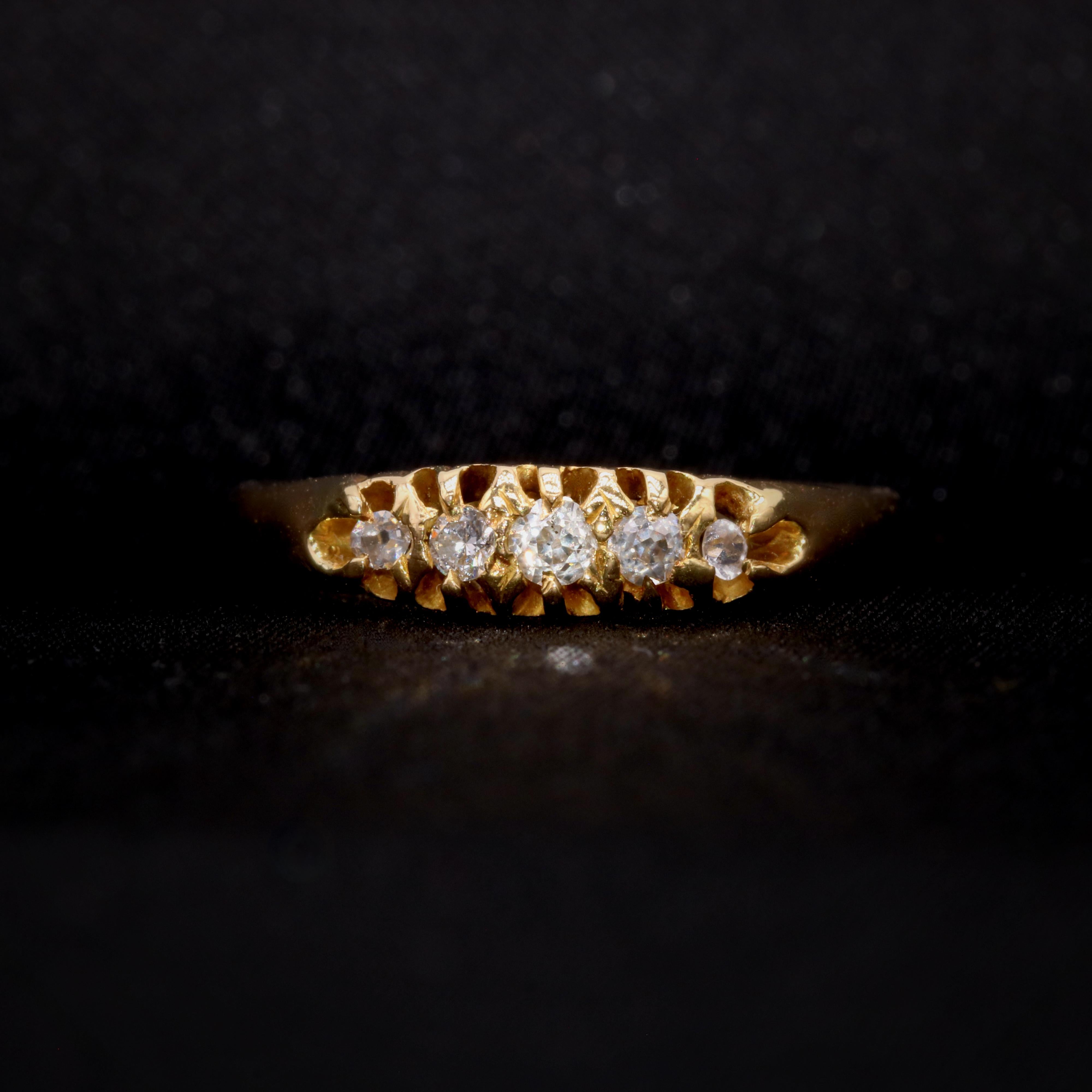 An antique diamond, and yellow gold ring, comprising five diamonds, set in 18 karat yellow gold.  

My favourite thing about this Antique 18K Gold Diamond Ring is the sparkling diamonds. What’s yours? Perhaps the buttery yellow gold? Or its slender