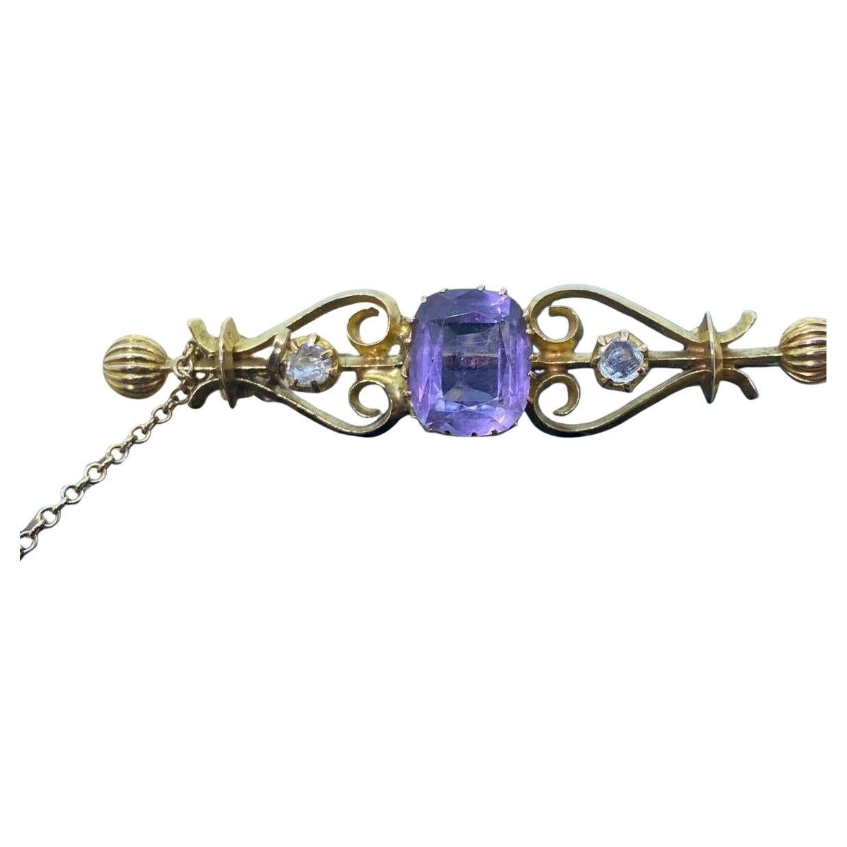 Antique (Edwardian) 18K Yellow Gold, Amethyst, Rose Cut Diamond Bar Brooch