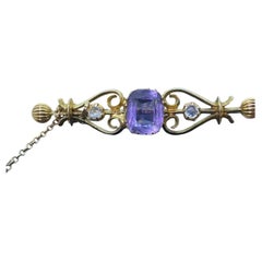 Antique (Edwardian) 18K Yellow Gold, Amethyst, Rose Cut Diamond Bar Brooch