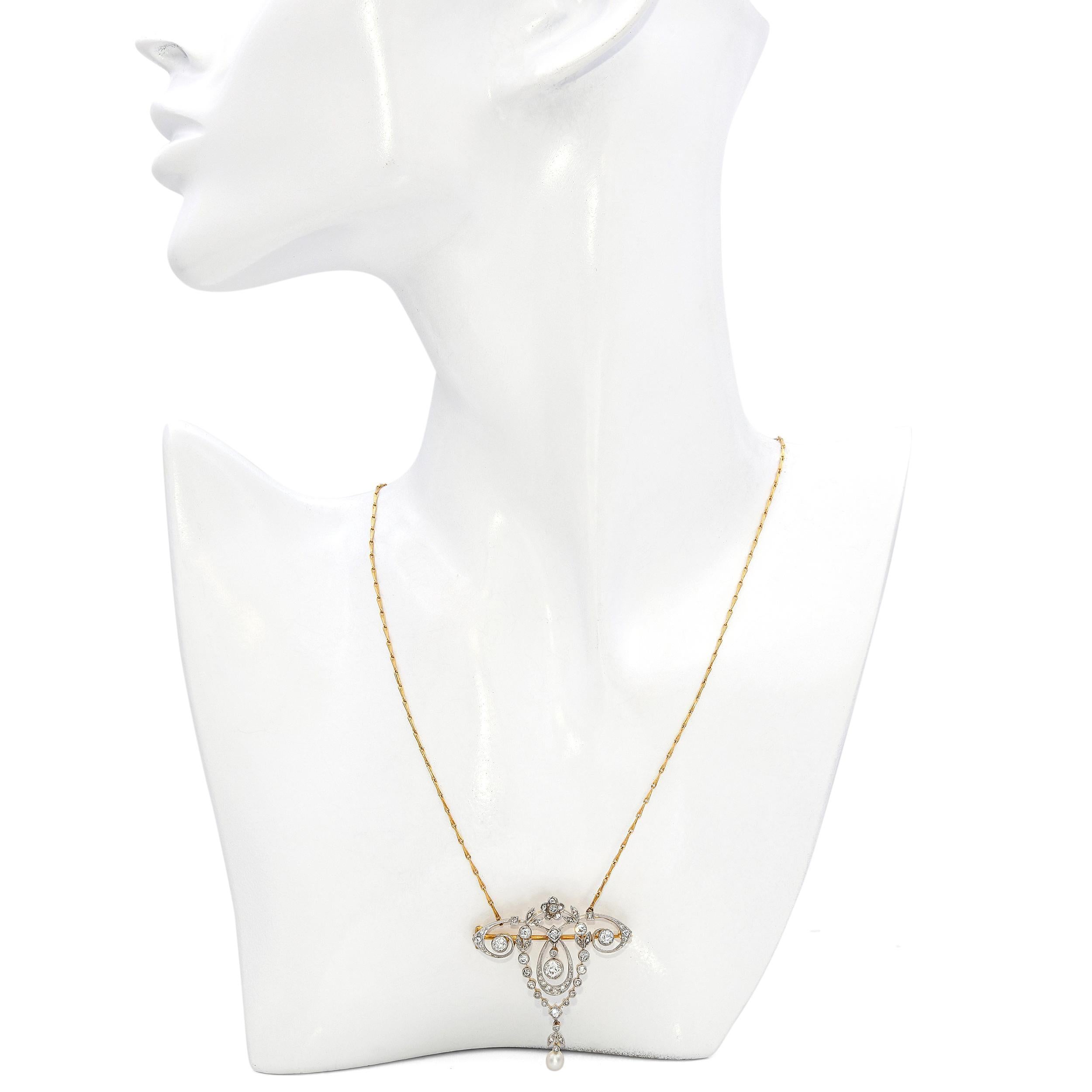 Édouardien Collier ancien édouardien en or jaune 18k et platine 1.00tcw diamant et perle en vente