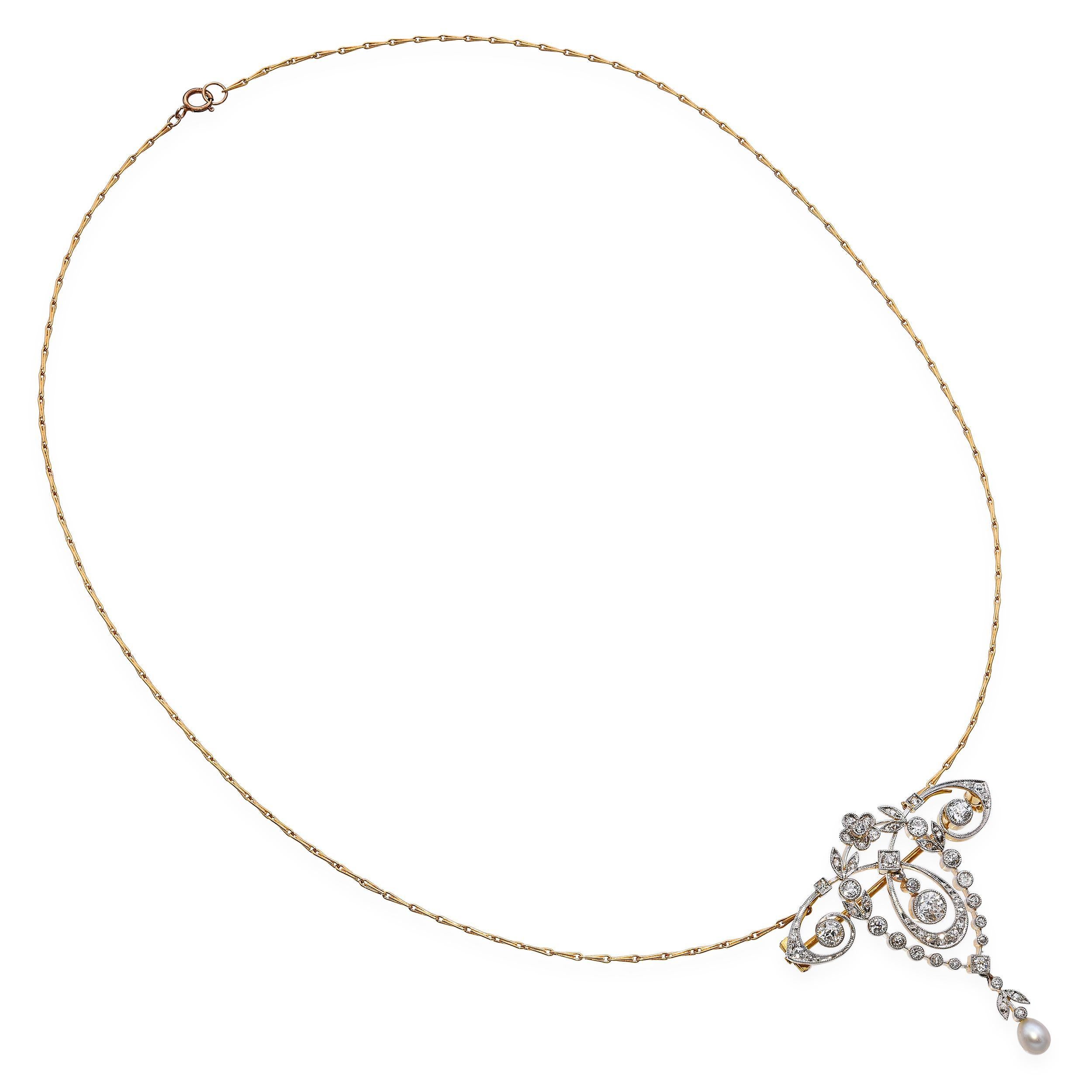 Taille ronde Collier ancien édouardien en or jaune 18k et platine 1.00tcw diamant et perle en vente