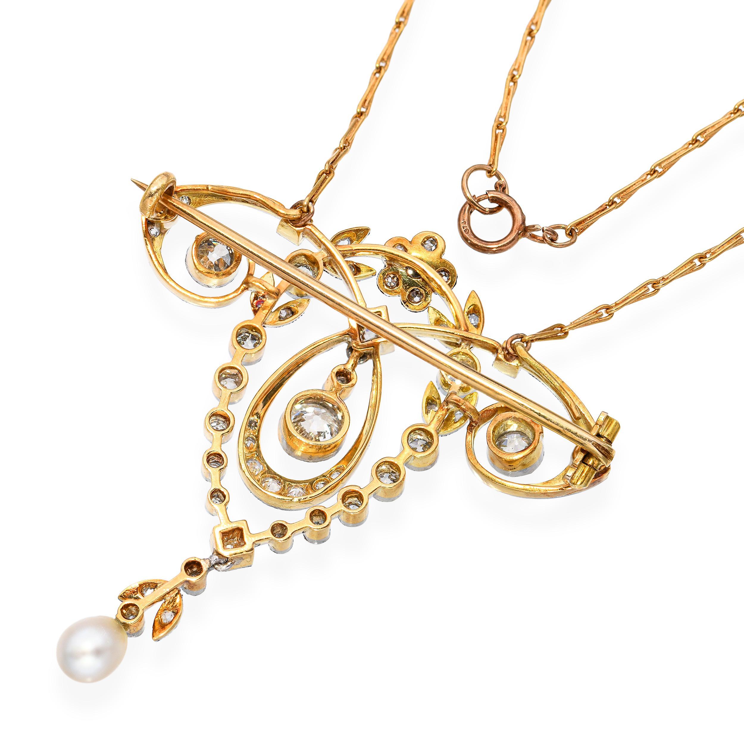 Collier ancien édouardien en or jaune 18k et platine 1.00tcw diamant et perle Bon état - En vente à New York, NY