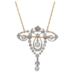 Collier ancien édouardien en or jaune 18k et platine 1.00tcw diamant et perle