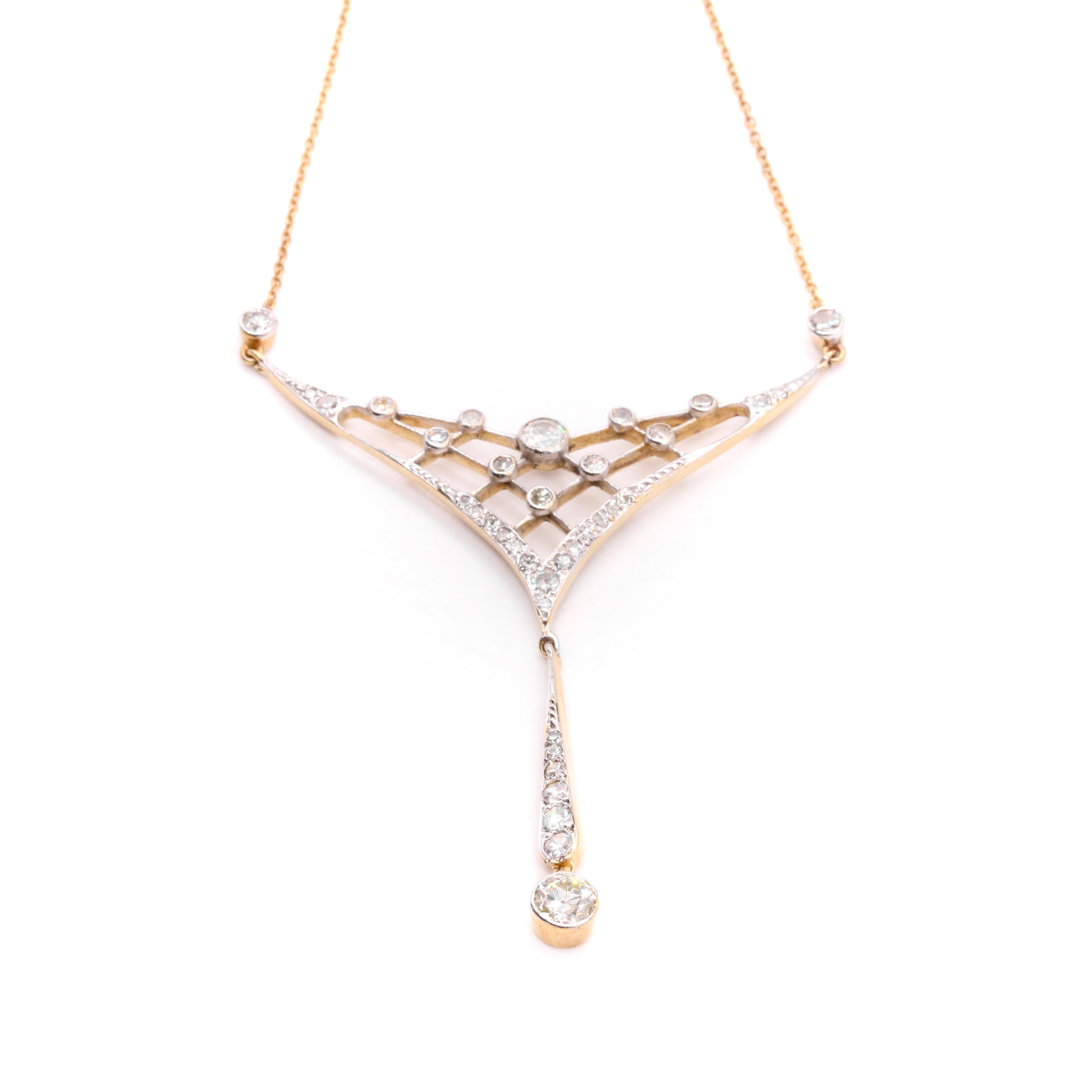Édouardien Collier édouardien ancien en or jaune 18 carats et platine avec diamants taille ancienne de 1,4 carat en vente