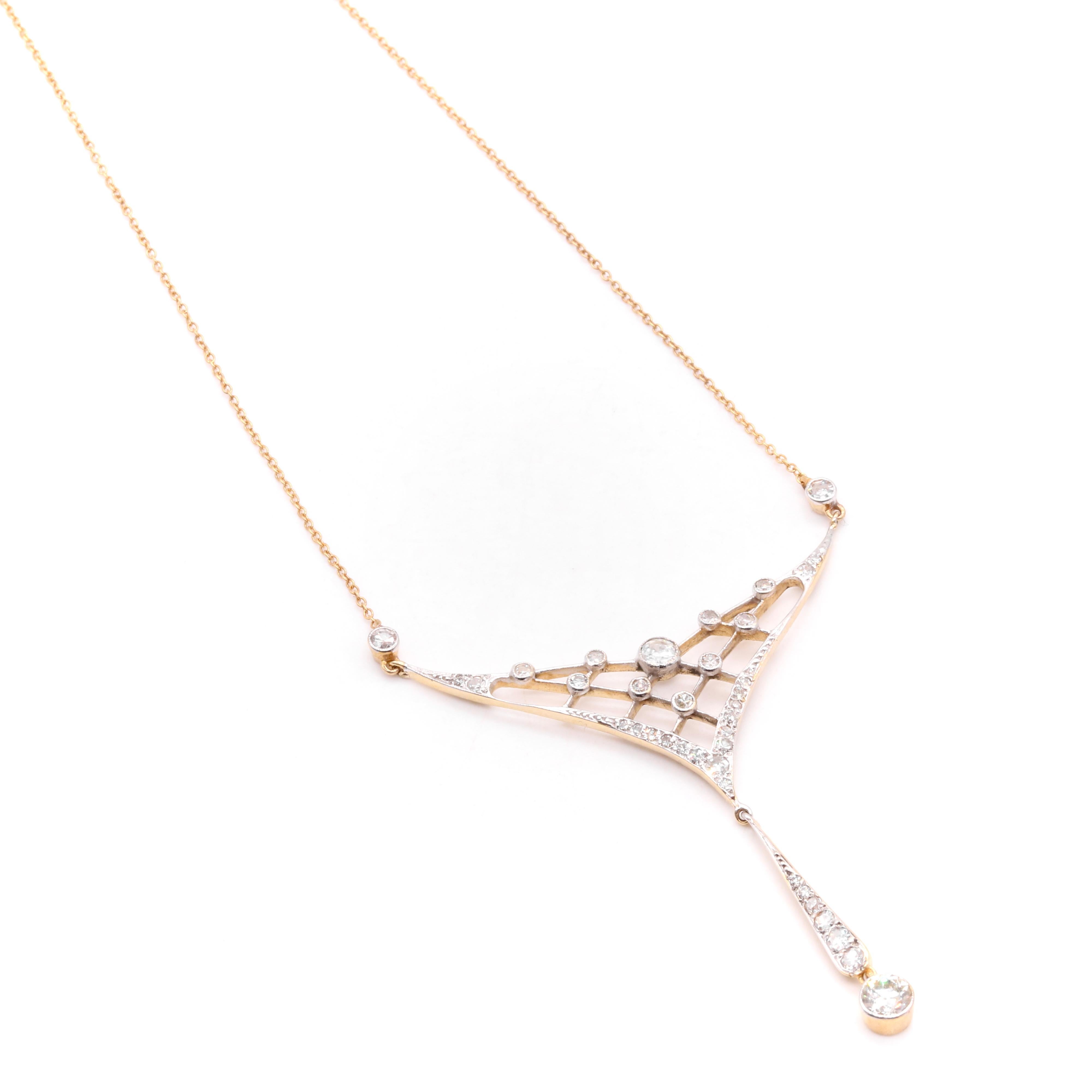 Taille vieille Europe Collier édouardien ancien en or jaune 18 carats et platine avec diamants taille ancienne de 1,4 carat en vente