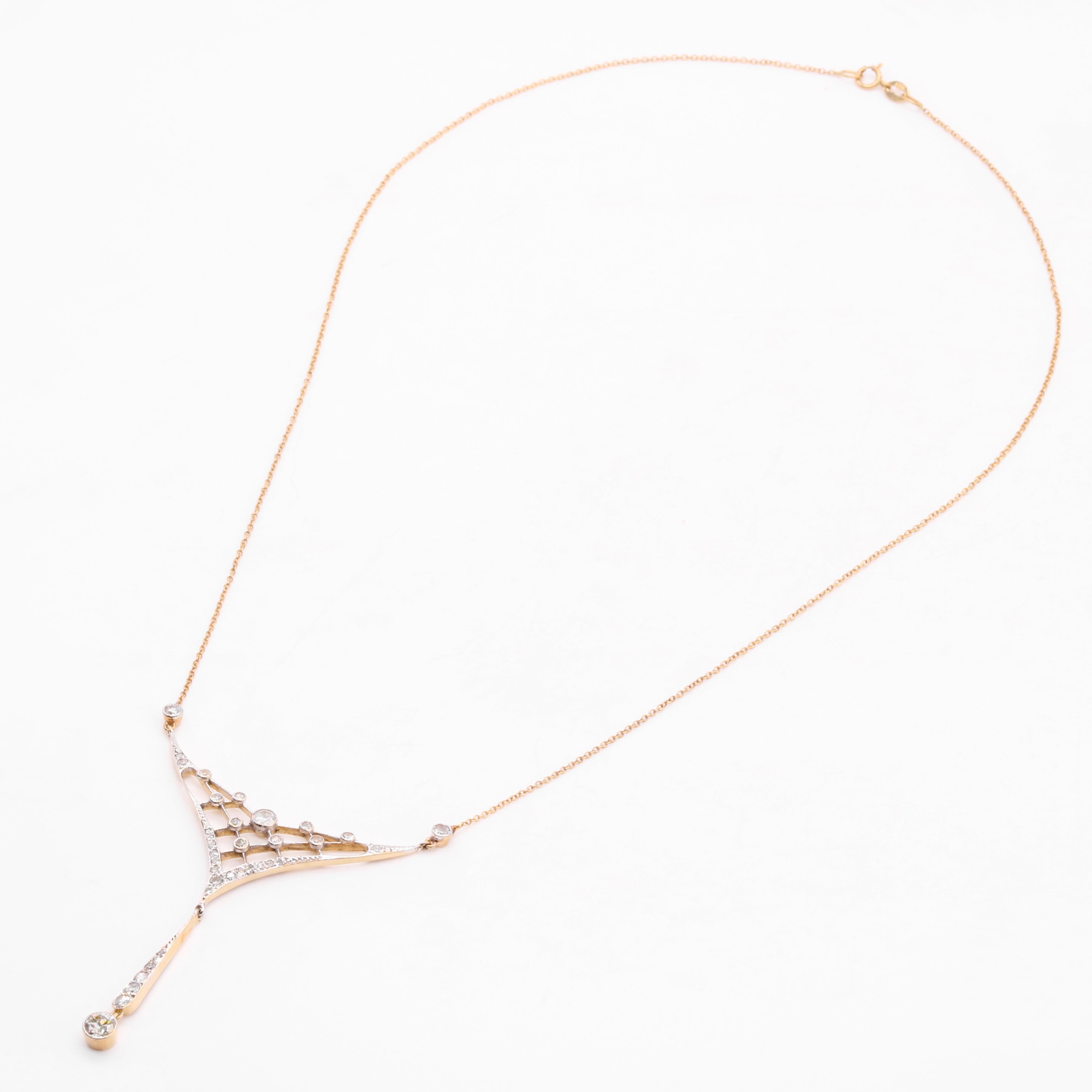 Collier édouardien ancien en or jaune 18 carats et platine avec diamants taille ancienne de 1,4 carat en vente 1