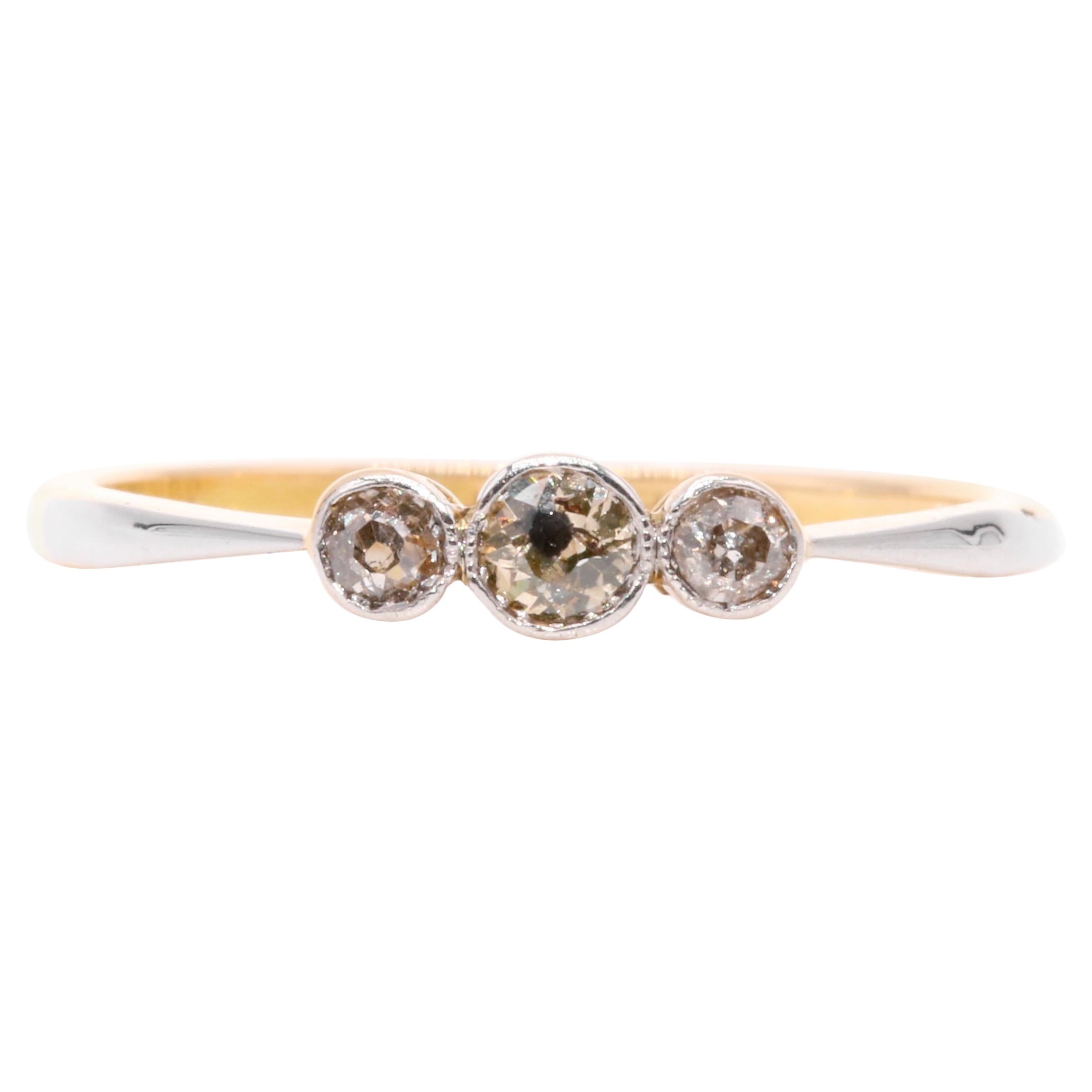 Antique Edwardian 18K Yellow Gold and Platinum Bezel Set Diamond Trilogy Ring