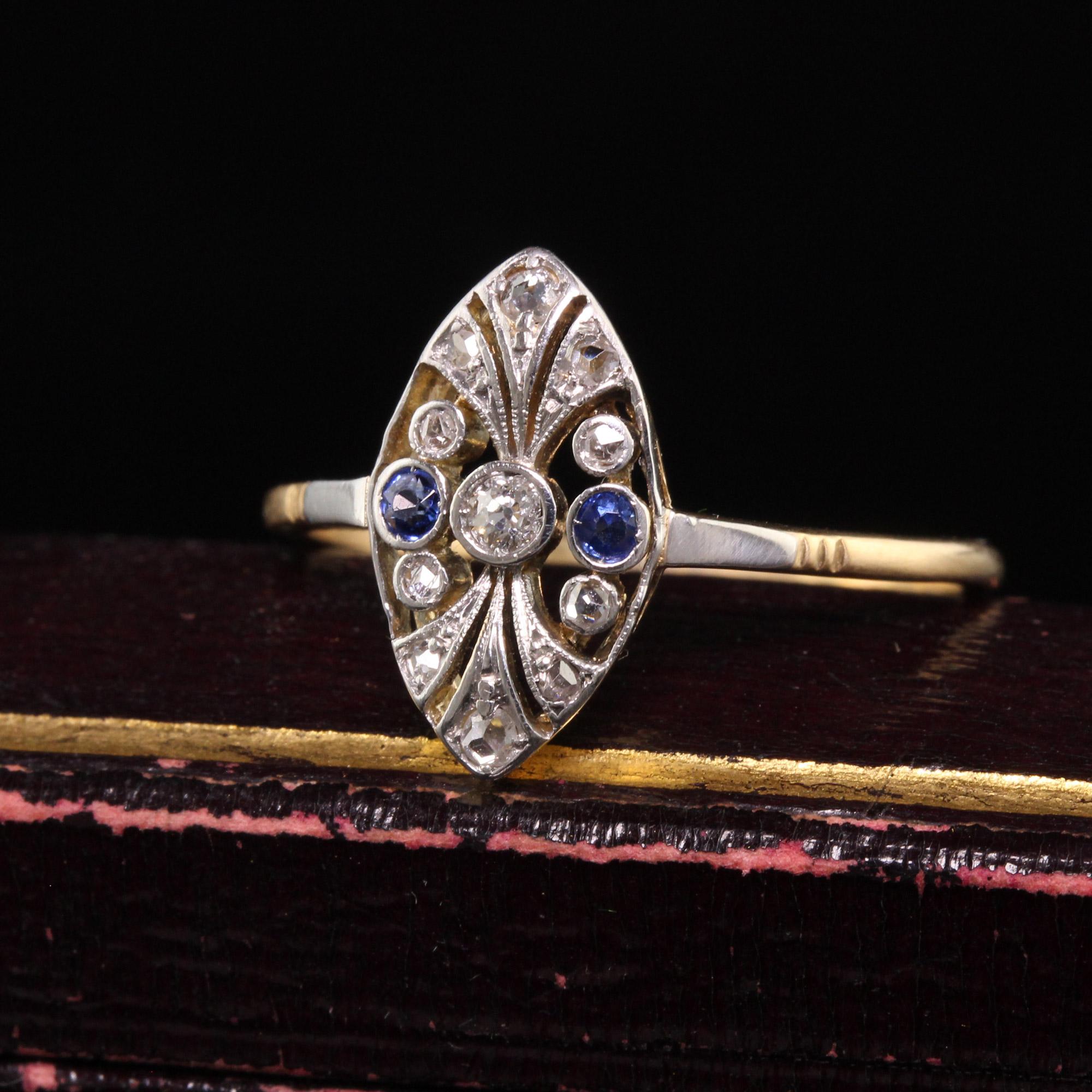 Beautiful Antique Edwardian 18K Yellow Gold and Platinum Diamond Sapphire Ring. This pretty Edwardian ring is crafted in 18k yellow gold and platinum top. It has rose cut diamonds and round natural sapphires set on top.

Item #R1311

Metal: 18K