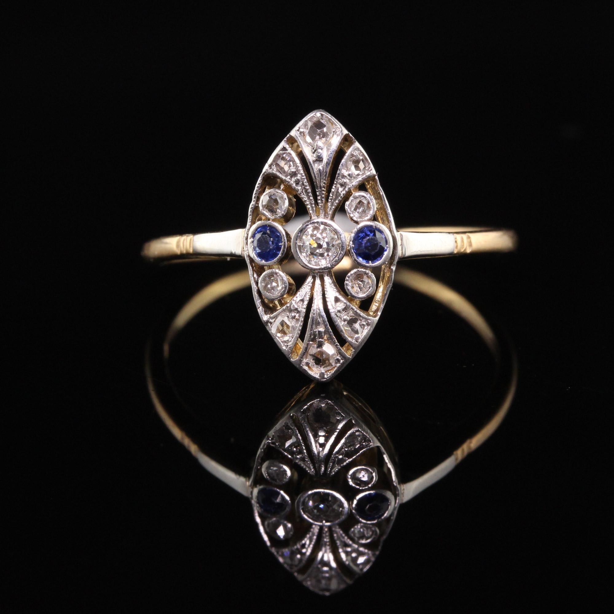 Antique Edwardian 18K Yellow Gold and Platinum Diamond Sapphire Ring In Good Condition In Great Neck, NY