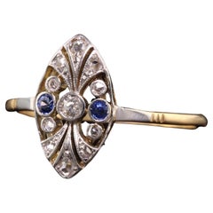 Antique Edwardian 18k Yellow Gold and Platinum Diamond Sapphire Ring