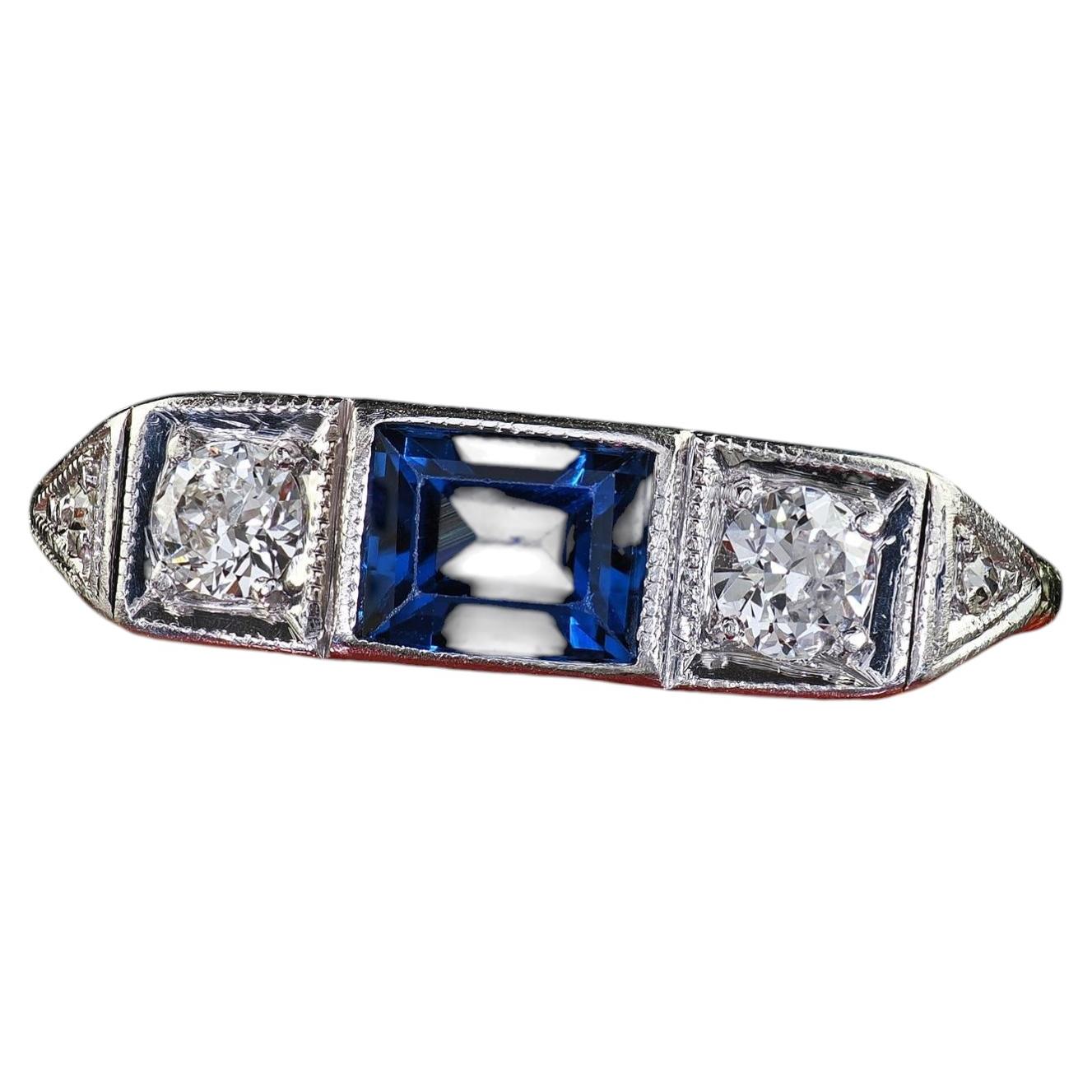 Antique Edwardian 18K Yellow Gold and Platinum Old Euro Diamond Sapphire Ring