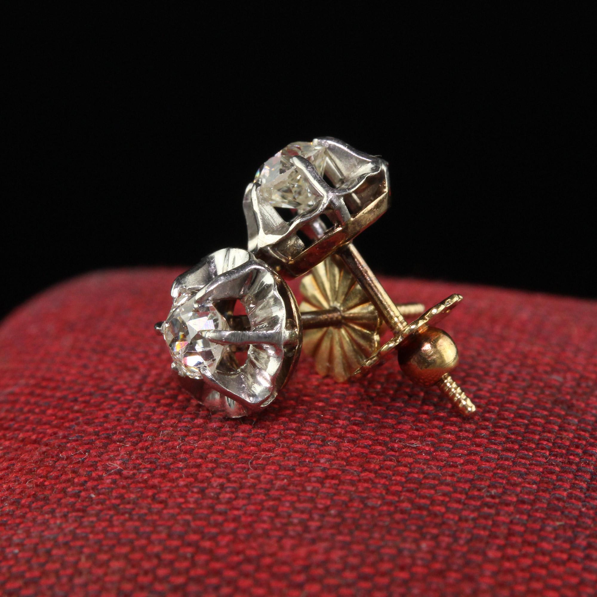 Old Mine Cut Antique Edwardian 18K Yellow Gold and Platinum Old Mine Diamond Stud Earrings For Sale