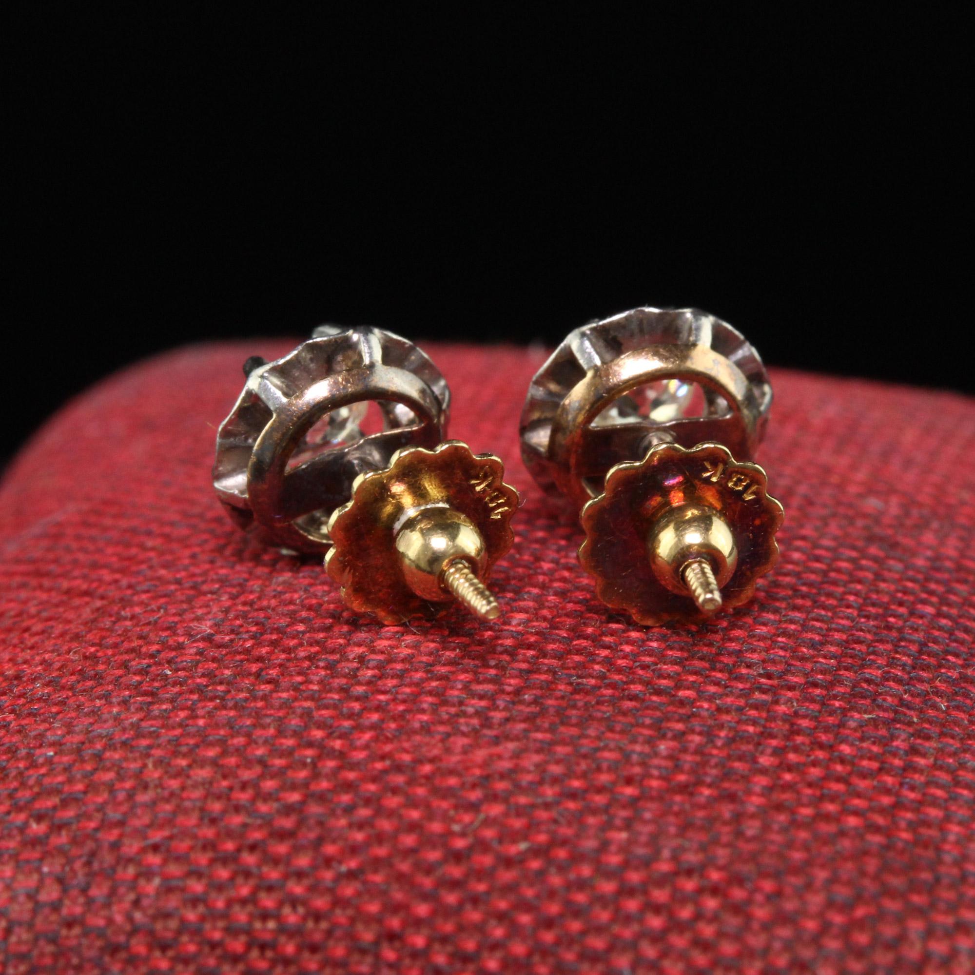 Antique Edwardian 18K Yellow Gold and Platinum Old Mine Diamond Stud Earrings In Good Condition For Sale In Great Neck, NY